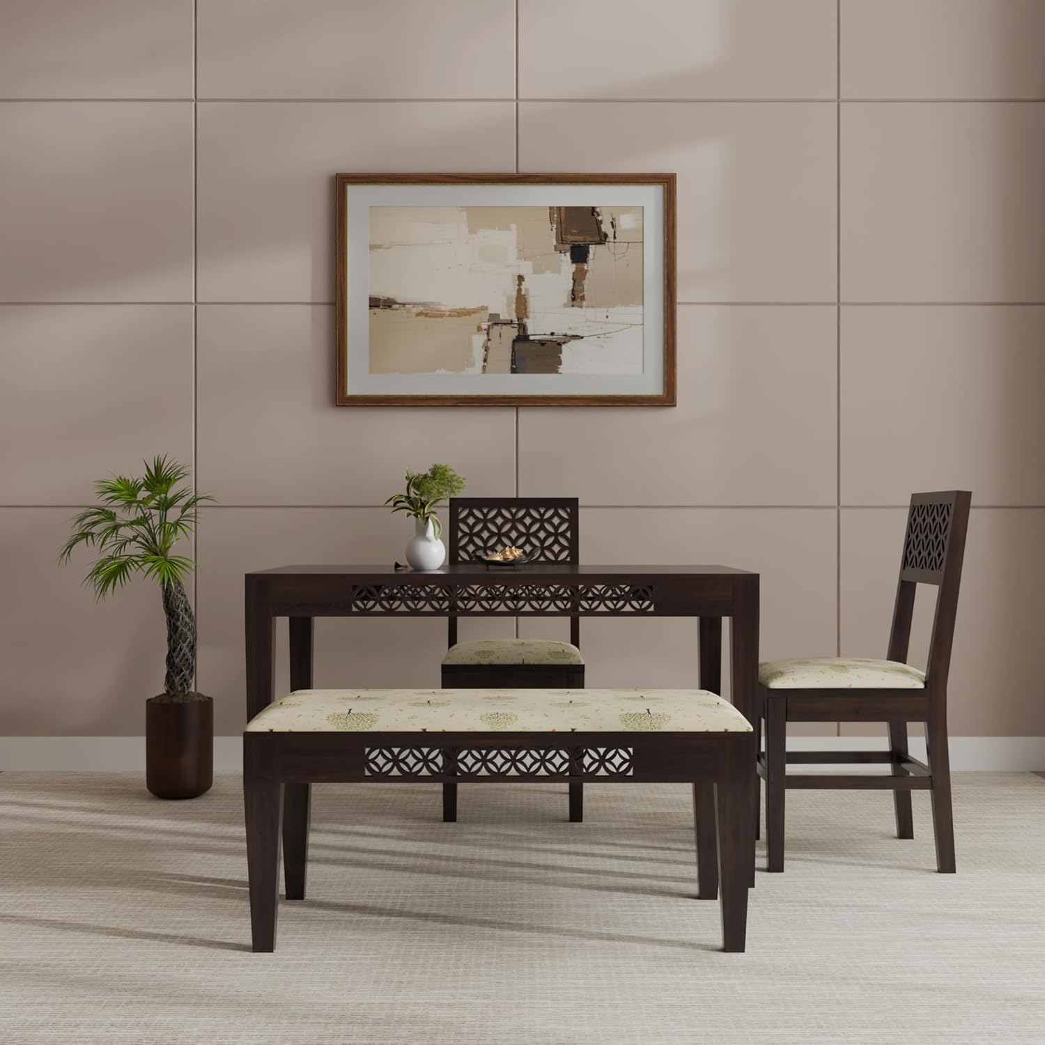 THE WOODEN CITY Sheesham Wood 4 Seater Dining Set | Includes 2 Chairs & 1 Bench | Solid Wood Dining Table Set for Dining Room(Walnut, 4 Seater)