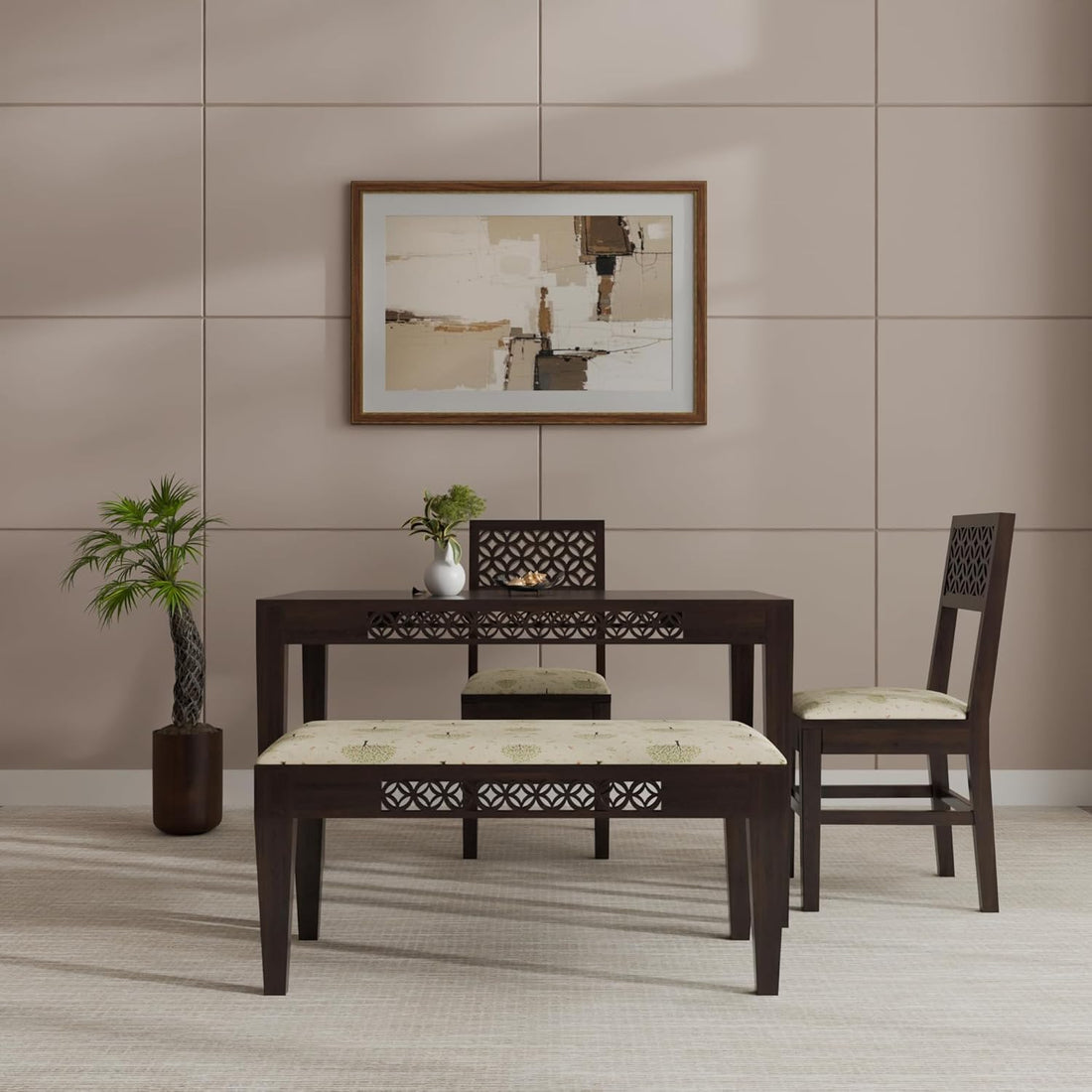 THE WOODEN CITY Sheesham Wood 4 Seater Dining Set | Includes 2 Chairs & 1 Bench | Solid Wood Dining Table Set for Dining Room(Walnut, 4 Seater)