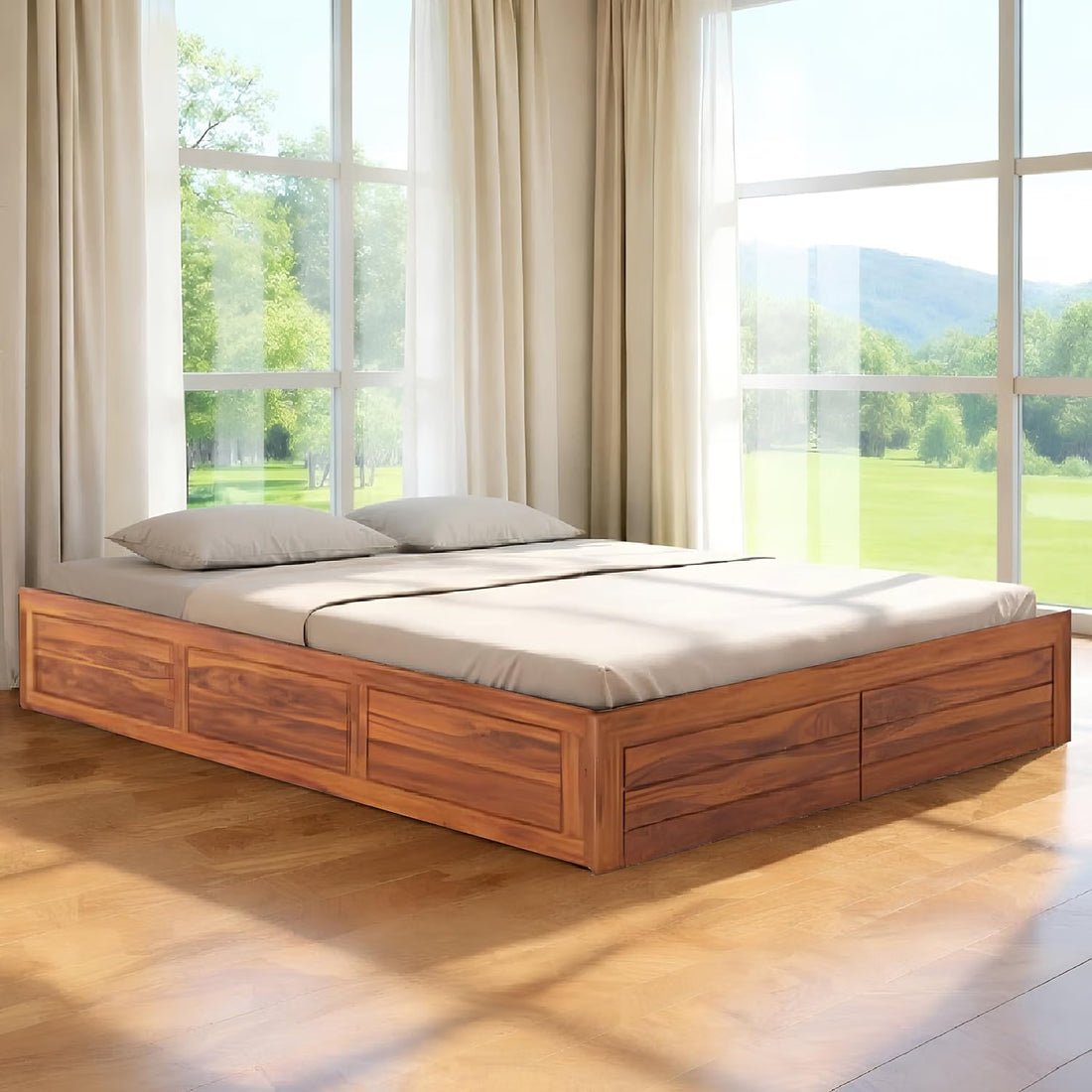 Solid Sheesham Wood King Size Bed with Box Storage | Wooden Double Bed Cot Without Headboard | Storage Bed Frame for Bedroom Furniture (Natural Finish