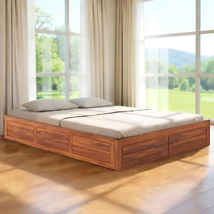 Solid Sheesham Wood King Size Bed with Box Storage | Wooden Double Bed Cot Without Headboard | Storage Bed Frame for Bedroom Furniture (Natural Finish