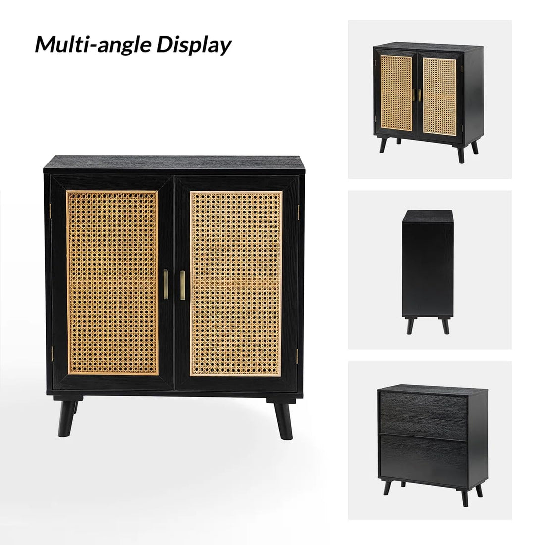 Solid Mango Wood Rattan Sideboard Cabinet for Living Room | Wooden Cane Crockery Unit for Kitchen Living Room (Walnut c1)