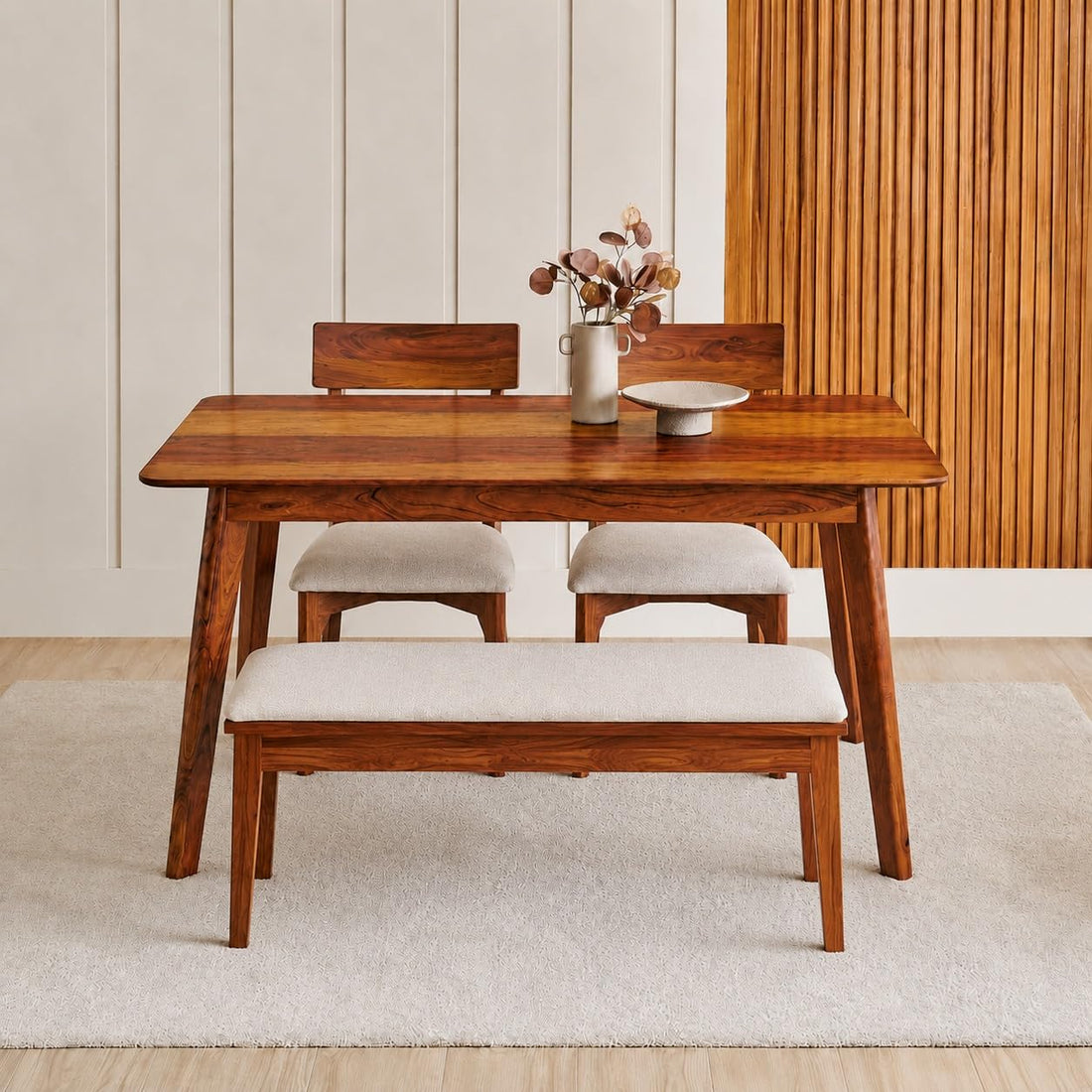 Alexaa Solid Sheesham Wood Dining Table 4 Seater Dining Table Set with 2 Chairs & 1 Bench