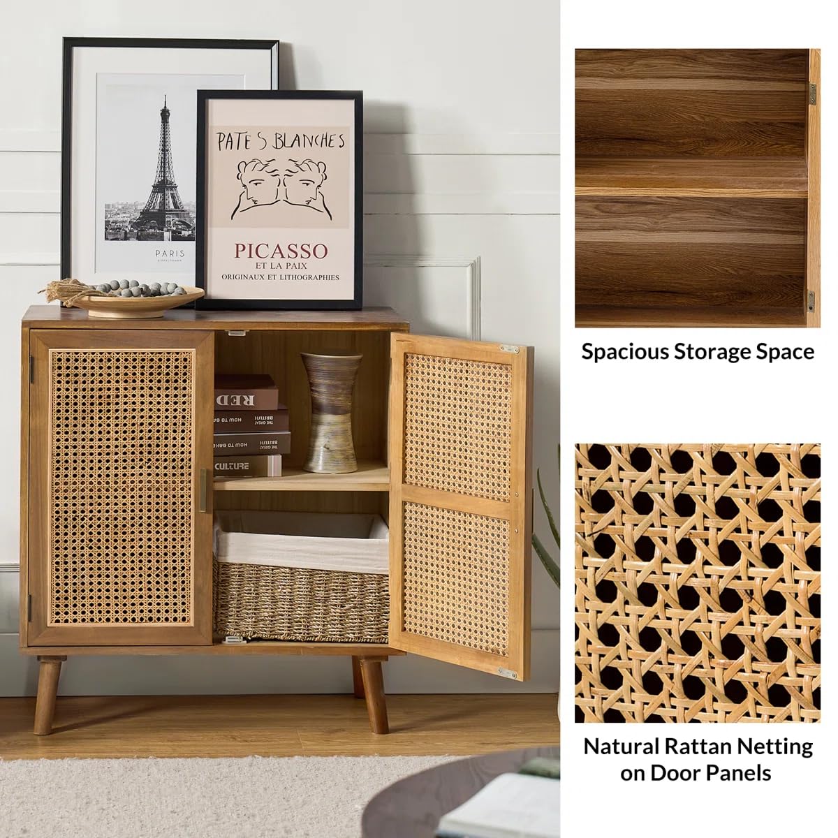 Solid Mango Wood Rattan Sideboard Cabinet for Living Room | Wooden Cane Crockery Unit for Kitchen Living Room (Natural c1)