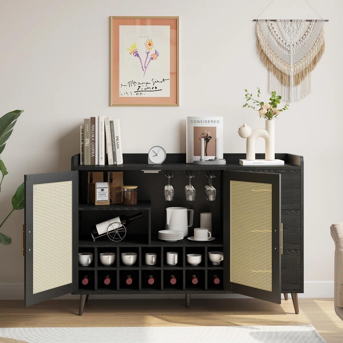 Rattan Cane Solid Sheesham Wood Bar Cabinet Wine Storage Rack with Drawer & Glass Holder, Wooden for Home and Bar Furniture (Walnut)