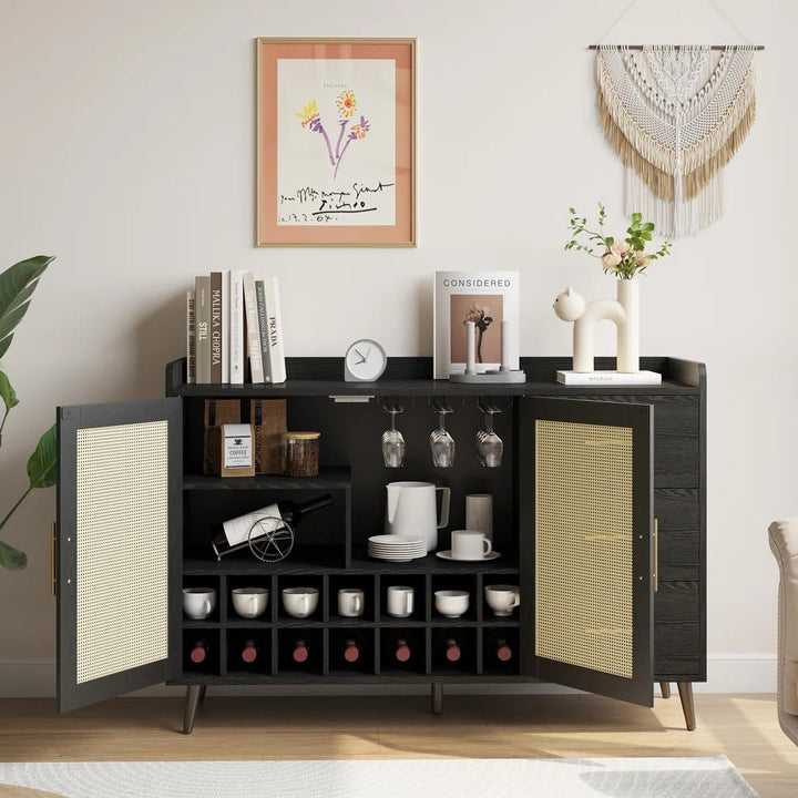 Rattan Cane Solid Sheesham Wood Bar Cabinet Wine Storage Rack with Drawer & Glass Holder, Wooden for Home and Bar Furniture (Walnut)