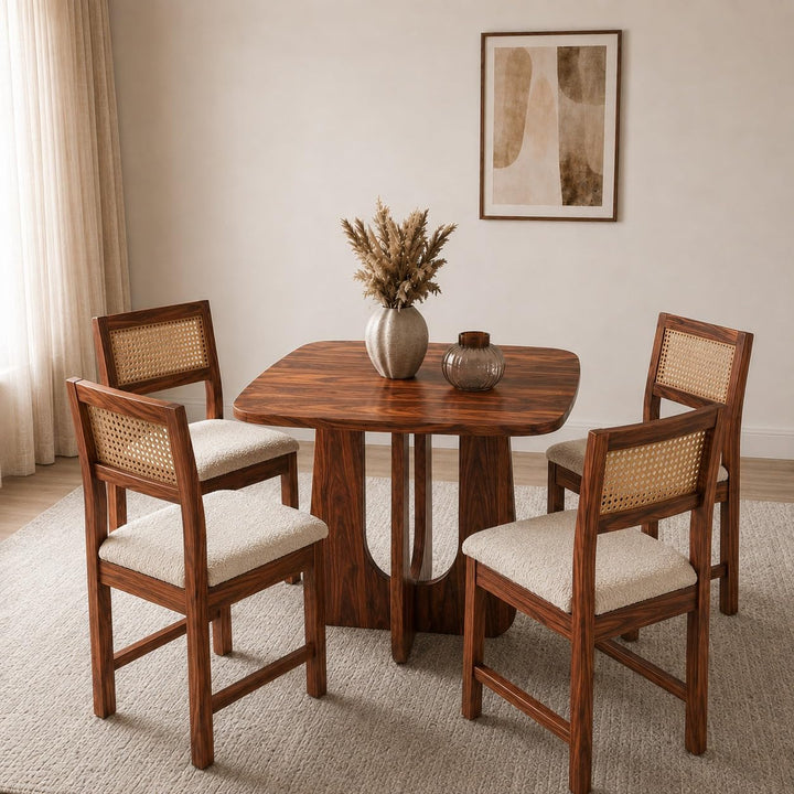 Arden Square 4 Seater Solid Sheesham Wood & Cane Dinner Set Table with Chair |Wooden Dining Table Set with Chairs for Dining Room | Living Room | Home & Office -Honey2
