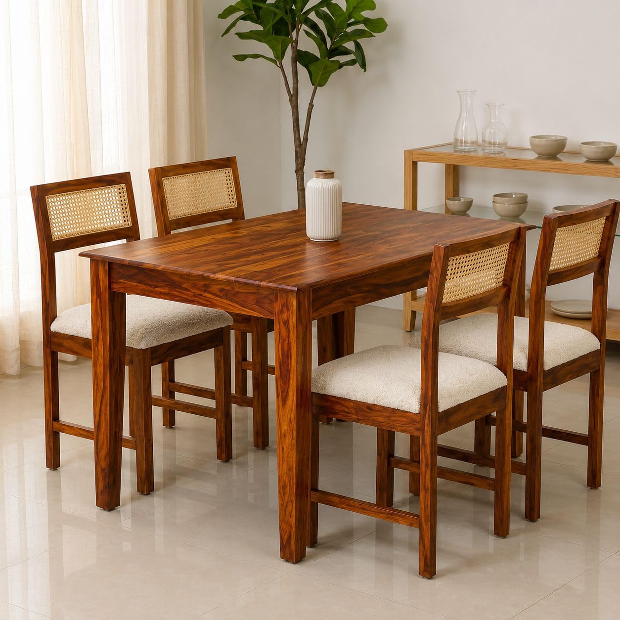 Arden Solid Sheesham Wood & Cane Dinner Set Table with Chair |Wooden Dining Table Set with Cushioned Chairs for Dining Room | Living Room | Home & Office -Honey