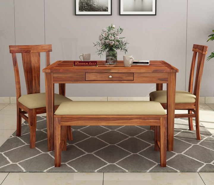 THE WOODEN CITY®️ Solid Sheesham Wood Dining Table 4 Seater Set with 2 Chairs & 1 Bench & Drawer Storage Dinner Table Set(honey)