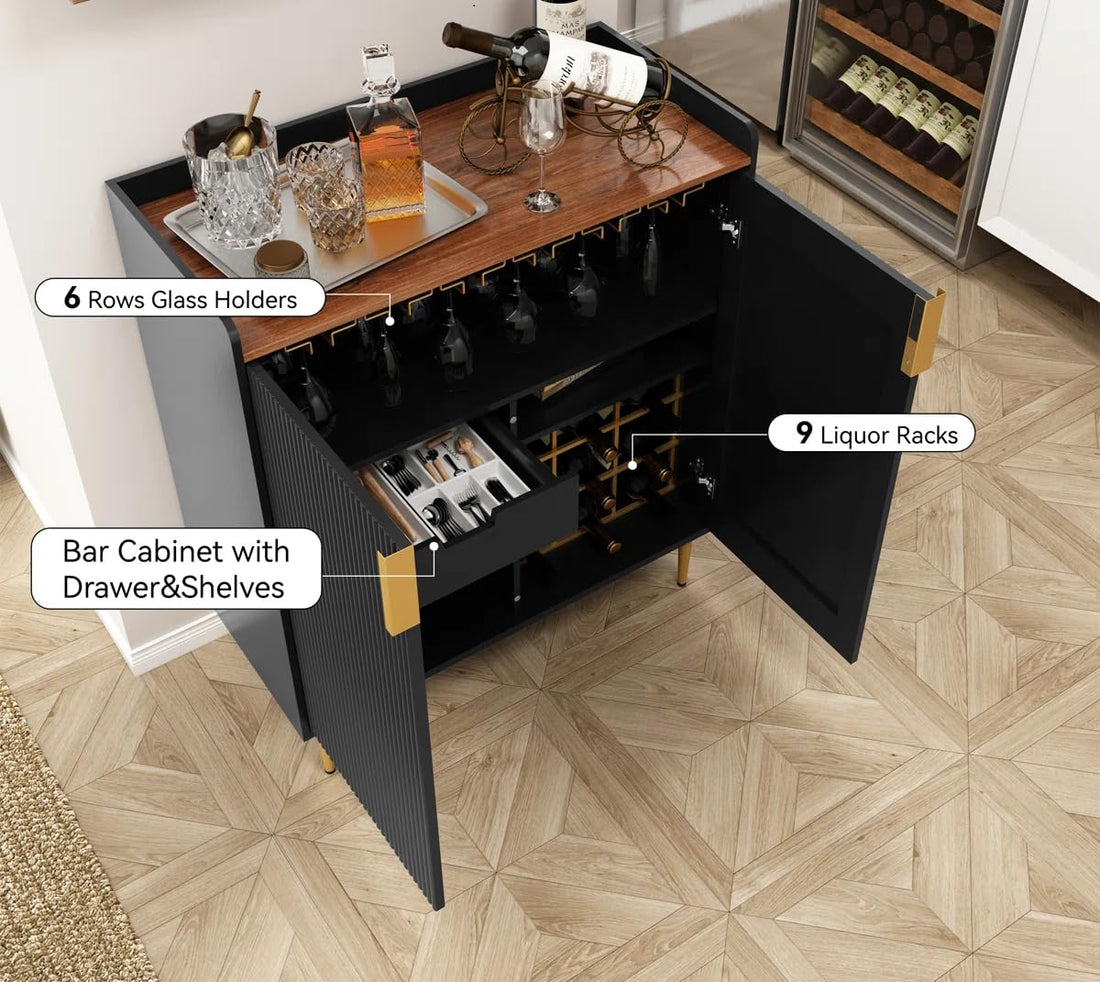 THE WOODEN CITY Solid Wood Wine Cabinet | Wooden Bar Cabinet Storage Rack with Drawer & Glass Holder, Wooden for Home and Bar Furniture (Black)
