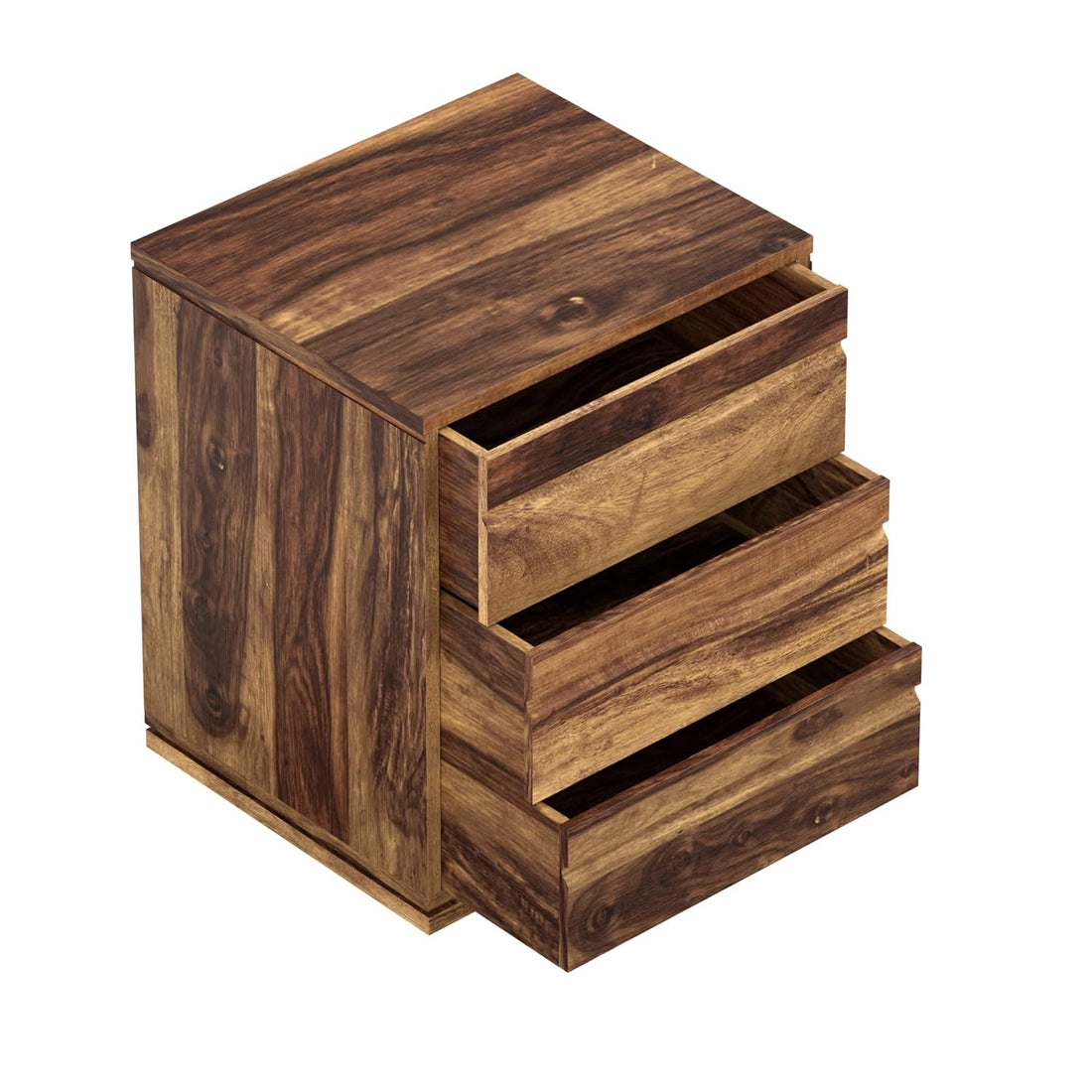THE WOODEN CITY Solid Sheesham Wood Bedside Table with 3 Drawers (Natural Finish)