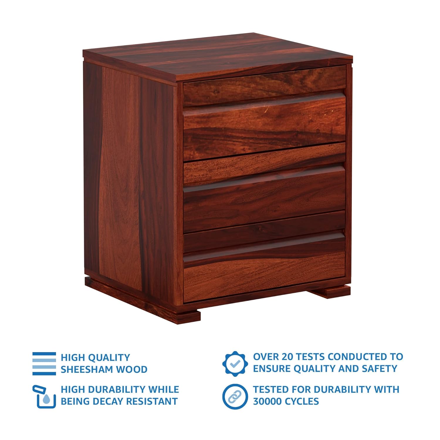 THE WOODEN CITY Sheesham Wood Bedside Table with 3 Drawers (Honey Finish)
