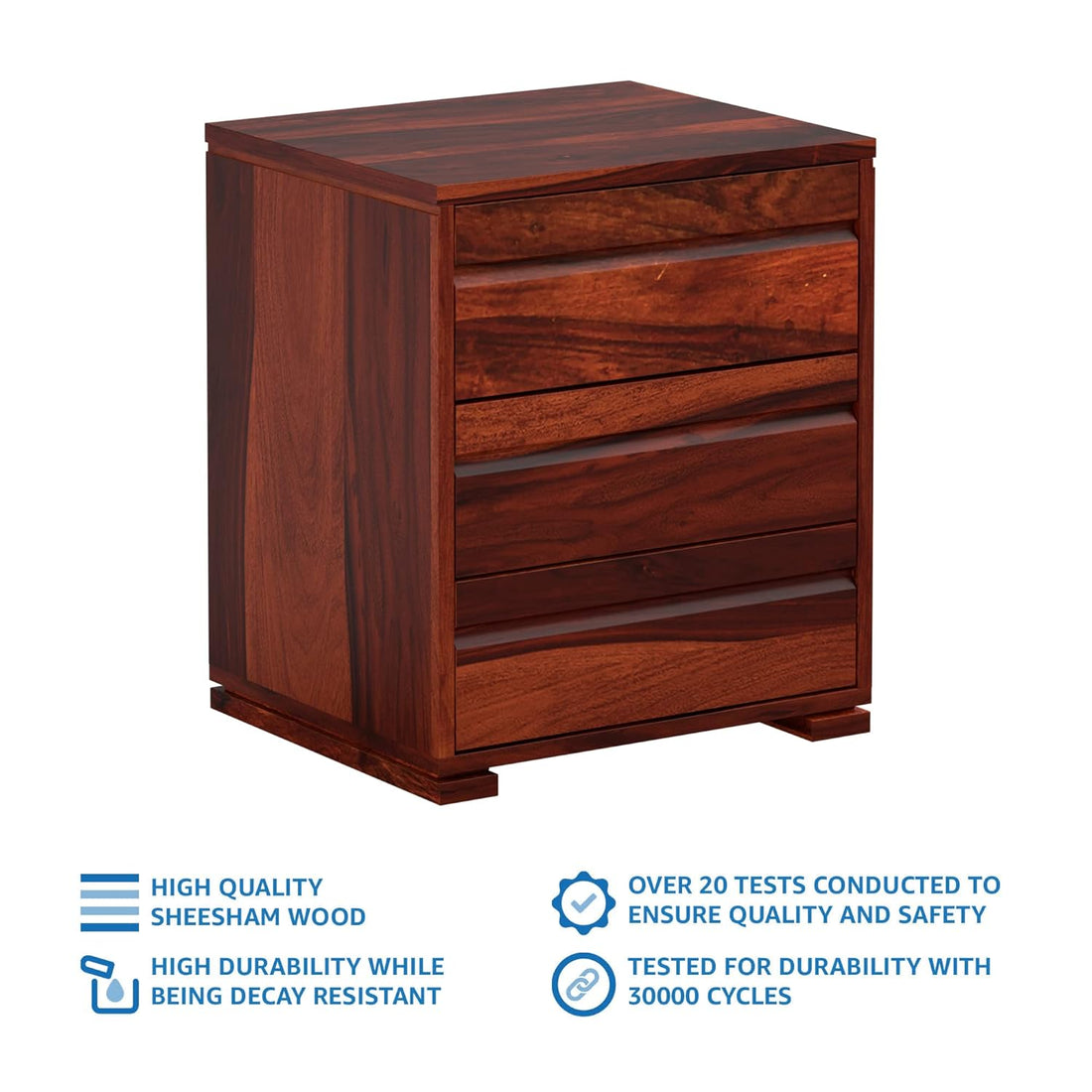 THE WOODEN CITY Sheesham Wood Bedside Table with 3 Drawers (Honey Finish)