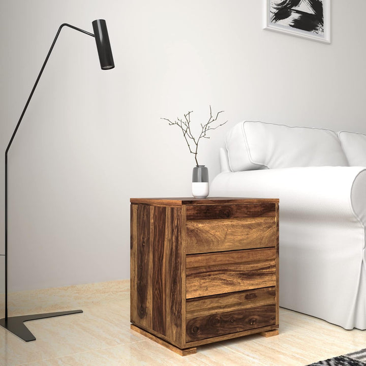 THE WOODEN CITY Solid Sheesham Wood Bedside Table with 3 Drawers (Natural Finish)