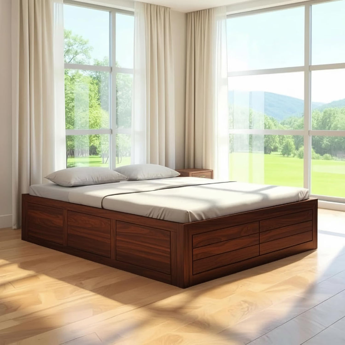 Solid Sheesham Wood King Size Bed with Box Storage | Wooden Double Bed Cot Without Headboard | Storage Bed Frame for Bedroom Furniture  (Walnut Finish)