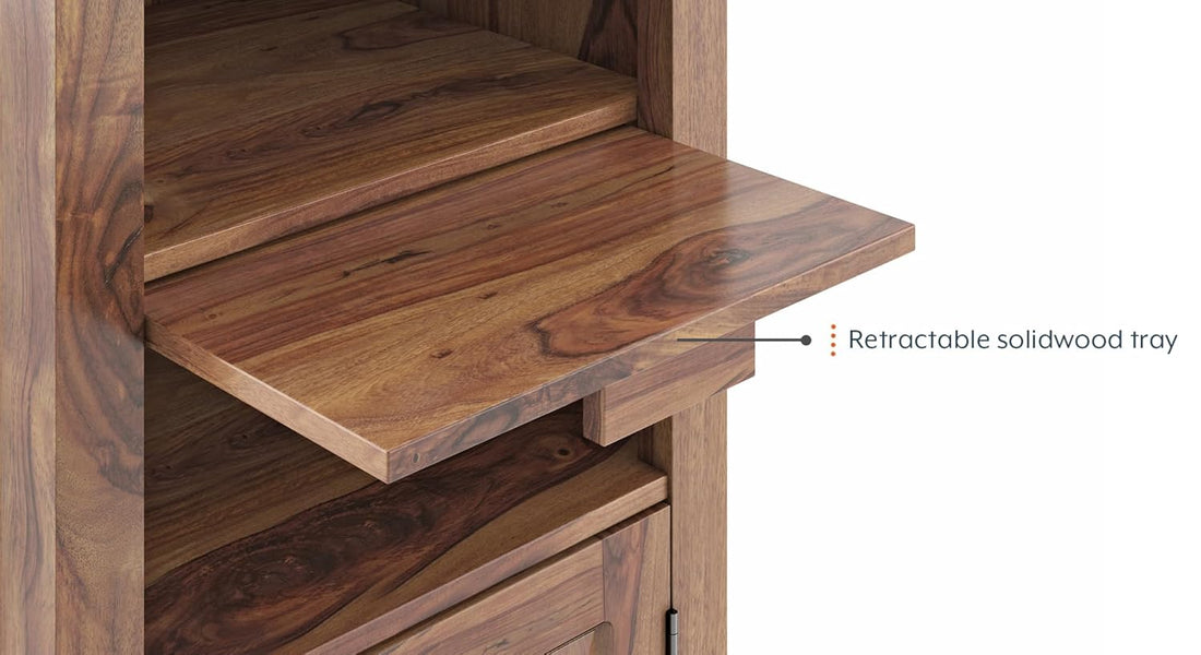 THE WOODEN CITY Solid Sheesham Wood Wine Cabinet Wooden Bar Cabinet Storage Rack with Drawer and Glass Holder Wooden for Home and Bar Furniture (Natural Honey) with Lock Child safty