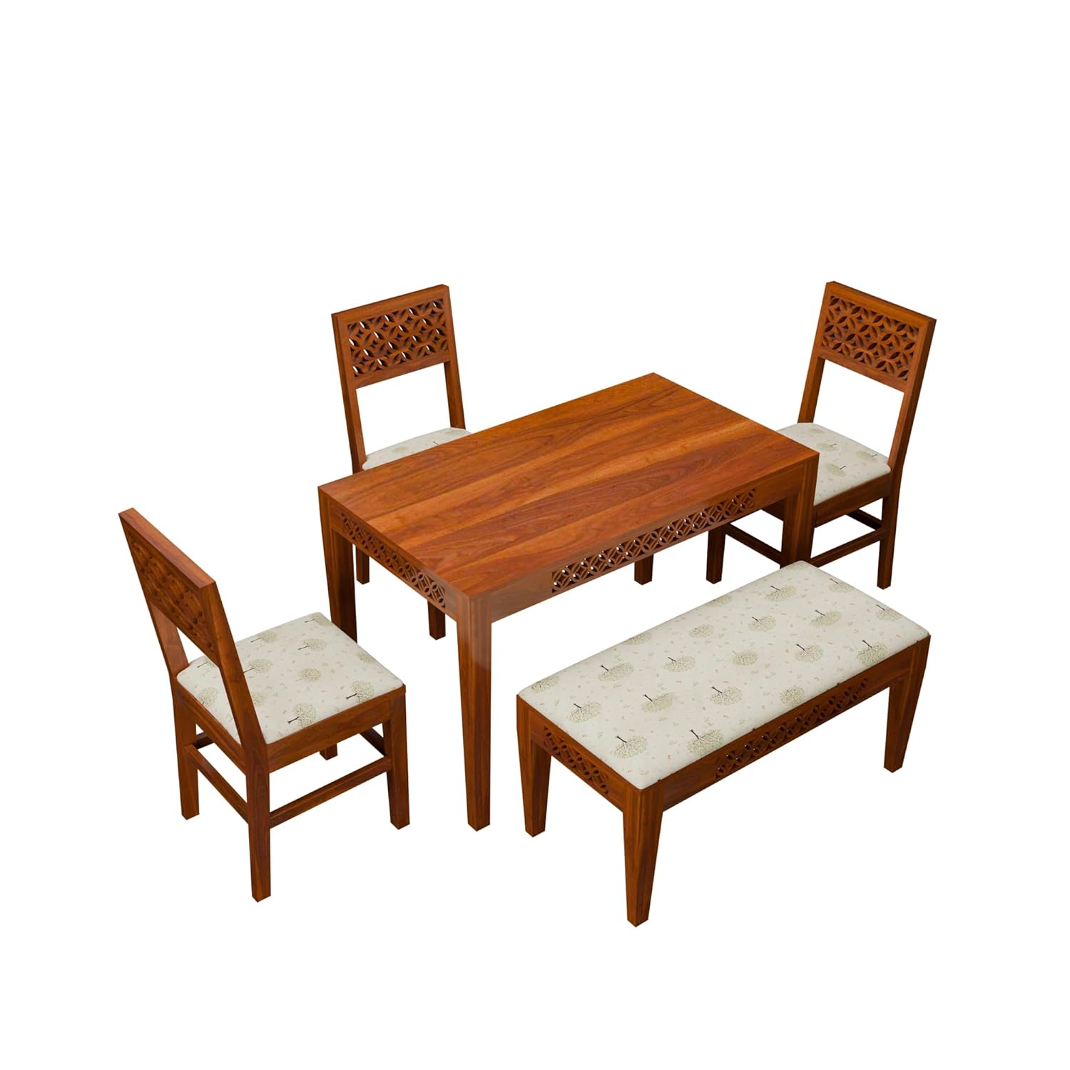 THE WOODEN CITY Solid Sheesham Wood 3 Chair with 1 Bench Dining Table Set with Cushioned Chairs for Dining Room | Living Room | Home & Office | Hotels (4 Seater with Bench, Honey)