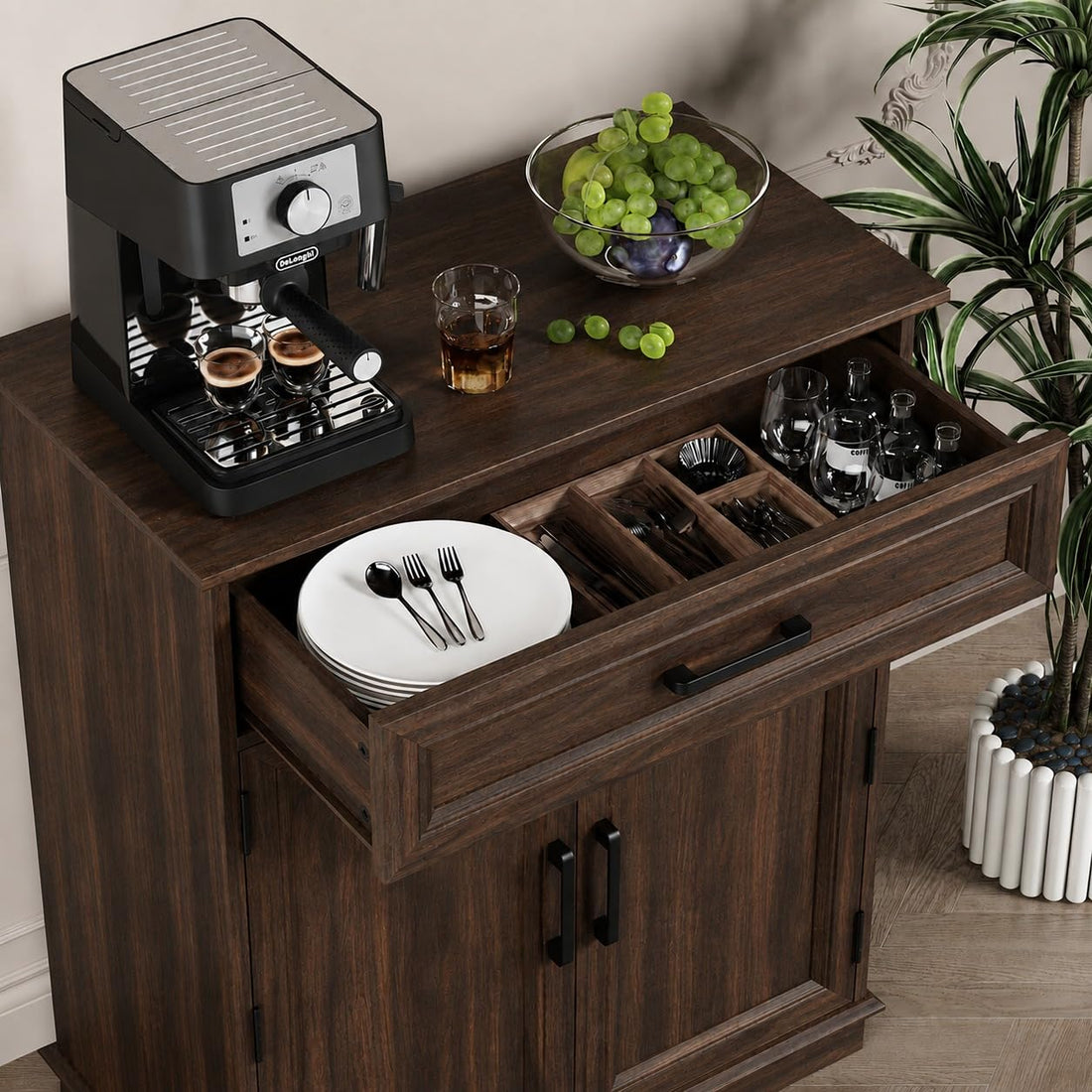 Bar Cabinet, Multipurpose Storage Cabinet for Home & Bar and Living Room Storage, Classy Sideboard- Walnut Finish