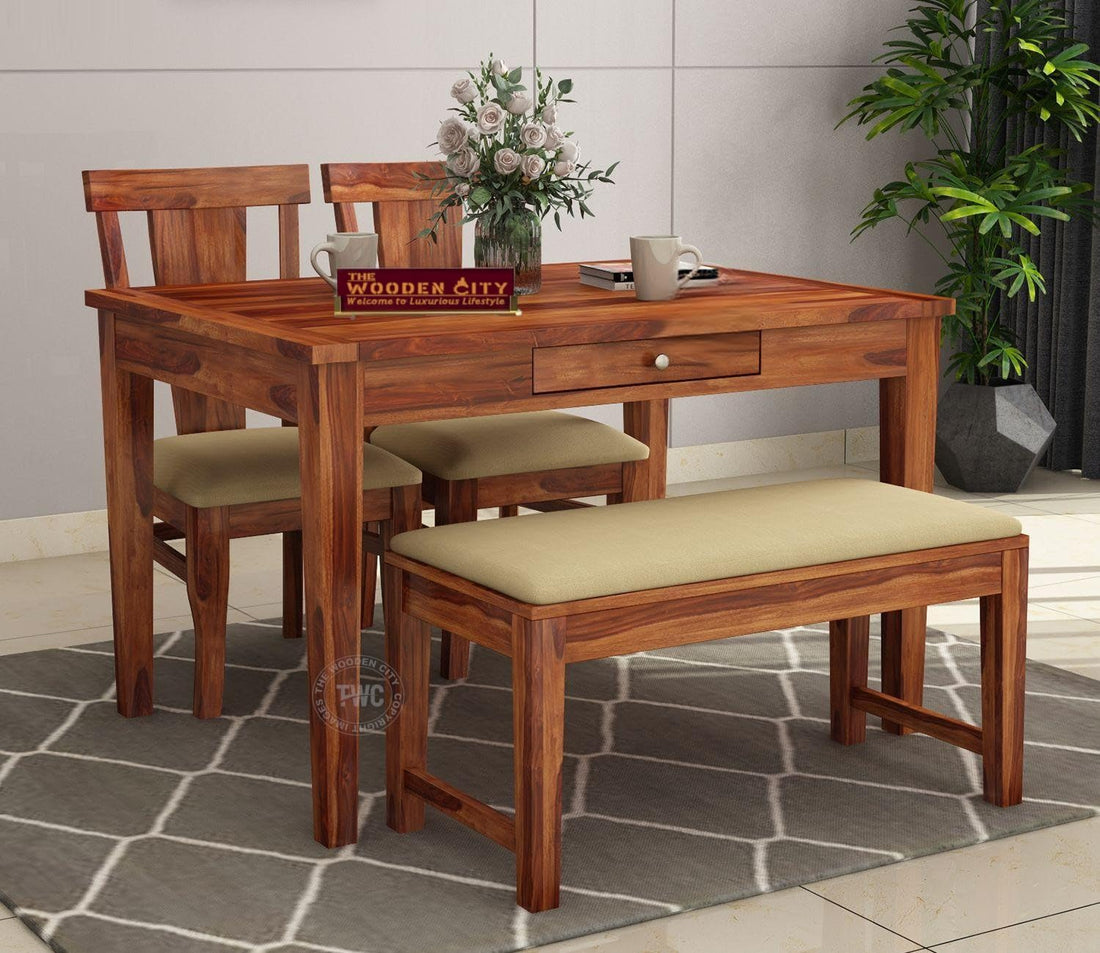 THE WOODEN CITY®️ Solid Sheesham Wood Dining Table 4 Seater Set with 2 Chairs & 1 Bench & Drawer Storage Dinner Table Set(honey)