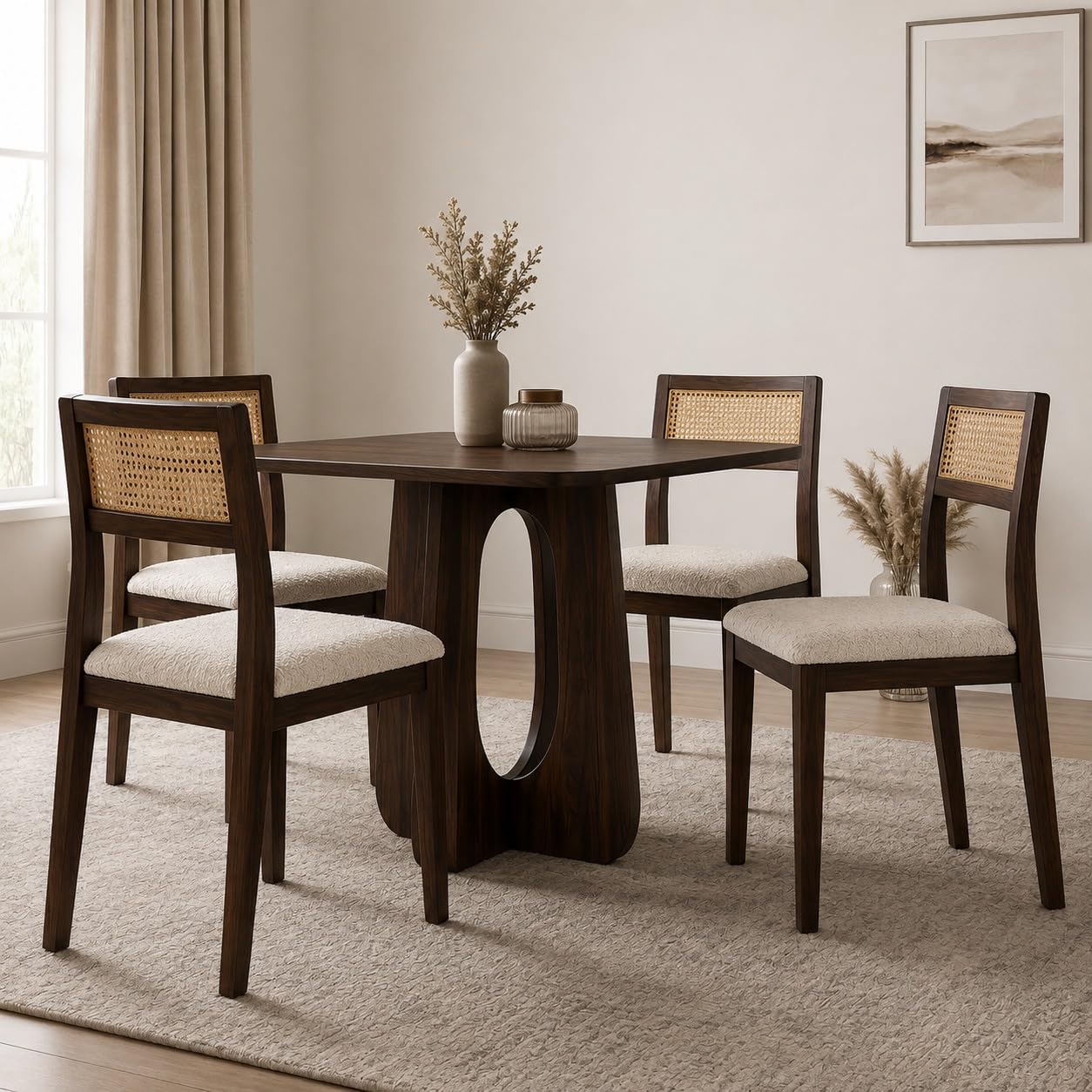Arden Square 4 Seater Solid Sheesham Wood & Cane Dinner Set Table with Chair |Wooden Dining Table Set with Chairs for Dining Room | Living Room | Home & Office -Walnut2