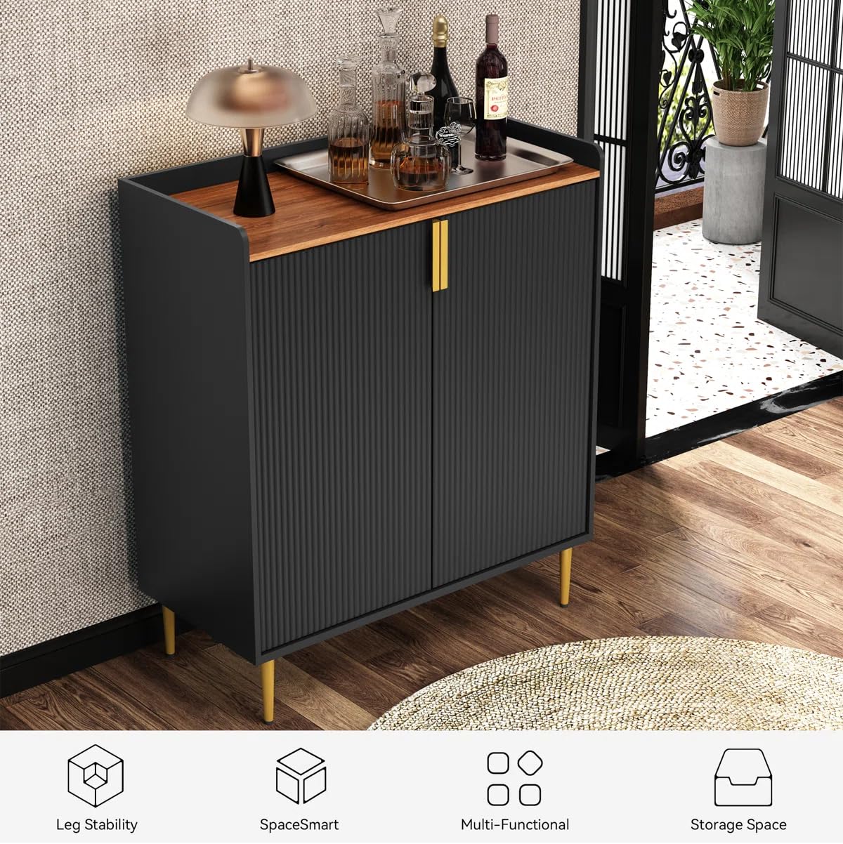 THE WOODEN CITY Solid Wood Wine Cabinet | Wooden Bar Cabinet Storage Rack with Drawer & Glass Holder, Wooden for Home and Bar Furniture (Black)