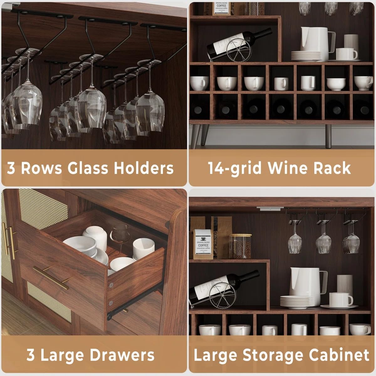 Rattan Cane Solid Sheesham Wood Bar Cabinet Wine Storage Rack with Drawer & Glass Holder, Wooden for Home and Bar Furniture (Honey)