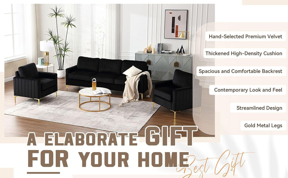 THE WOODEN CITY Monto Velvet Fabric Sofa | 3 Person Sofa | Sofa 3 Seater Sofa Set (Black) (Black, 3 Seater)