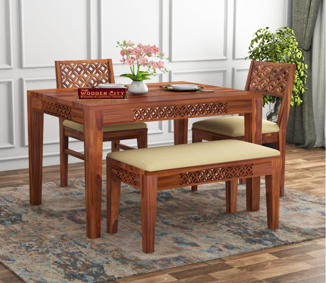 THE WOODEN CITY Solid Sheesham Wood Dining Table 4 Seater Dining Table Set with 2 Chairs & 1 Bench Dinner Table Set