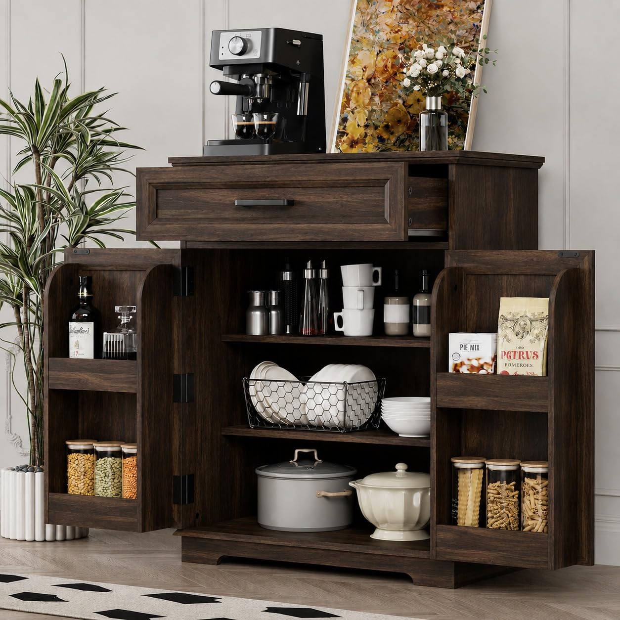 Bar Cabinet, Multipurpose Storage Cabinet for Home & Bar and Living Room Storage, Classy Sideboard- Walnut Finish