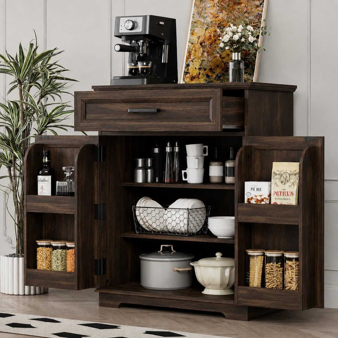 Bar Cabinet, Multipurpose Storage Cabinet for Home & Bar and Living Room Storage, Classy Sideboard- Walnut Finish
