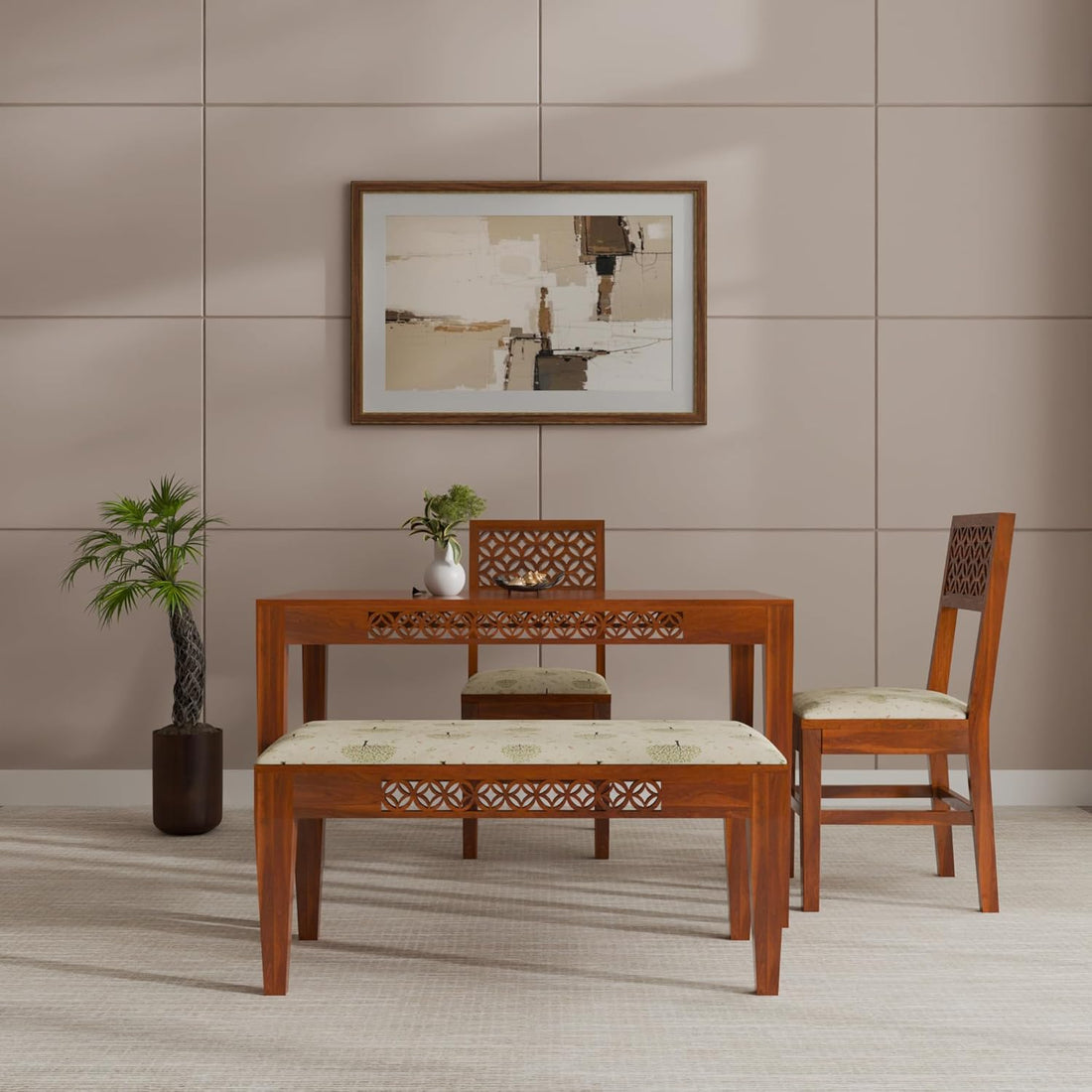 THE WOODEN CITY Solid Sheesham Wood Dining Table 4 Seater Dining Table Set with 2 Chairs & 1 Bench Dinner Table Set for Dinning Room Home & Hotel and Office|Modern Dining Room Set (Honey, 4 Seater)