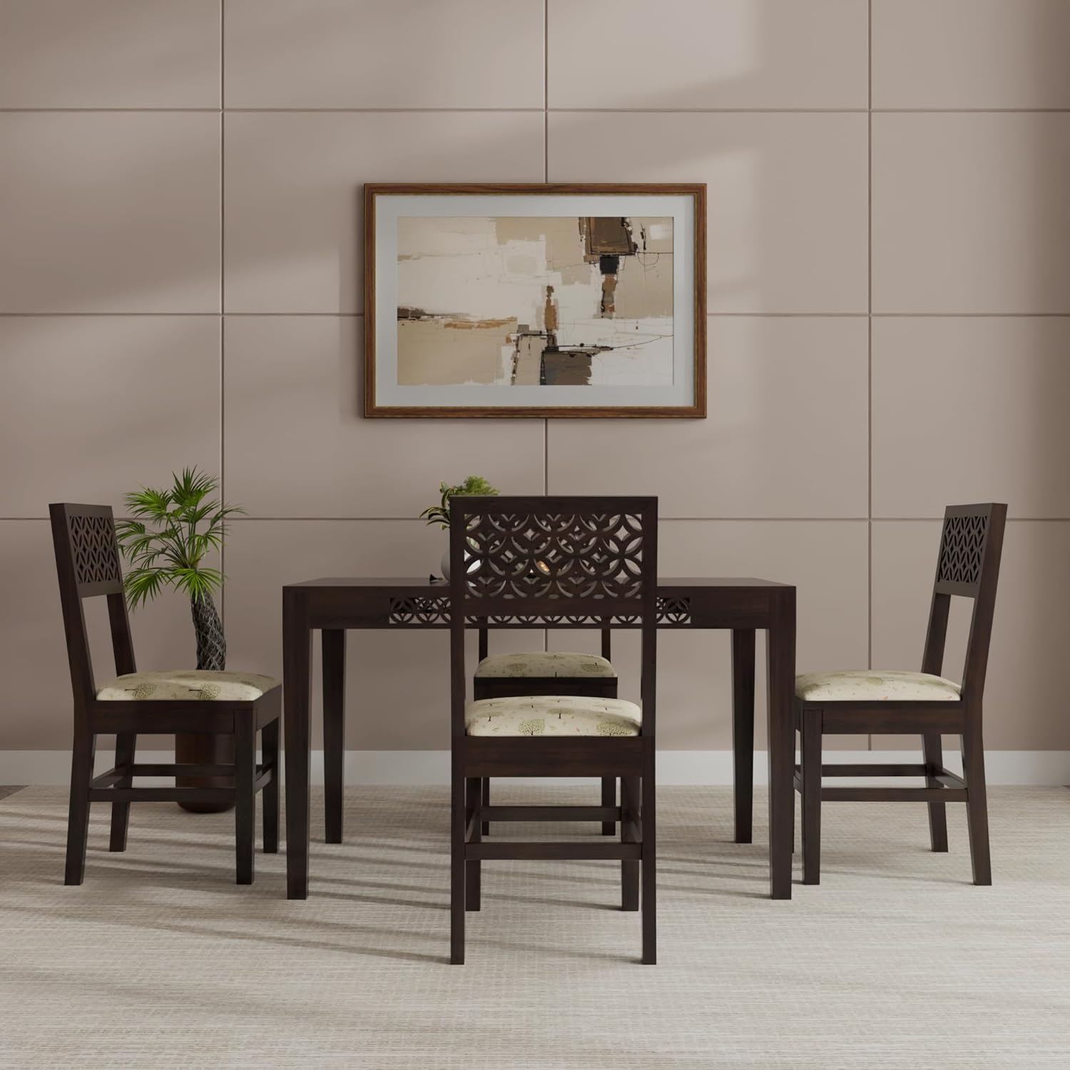 THE WOODEN CITY Dining Table 4 Seater | Four Seater Dinning Table with 4 Chairs with Beige Cushions for Home | Rosewood, Walnut Finish Self Assembly(DIY)