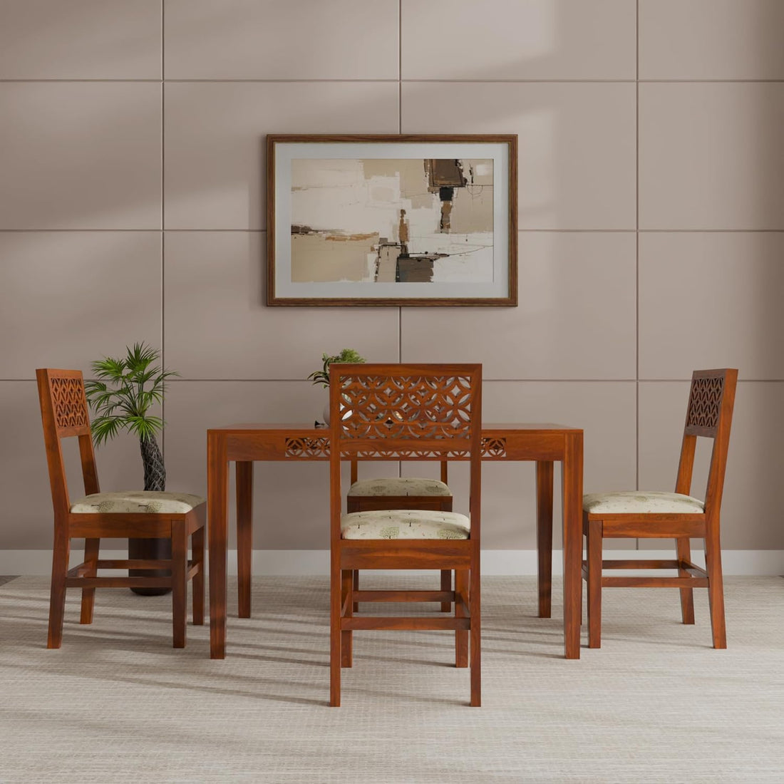 THE WOODEN CITY Dining Table 4 Seater | Four Seater Dinning Table with 4 Chairs with Beige Cushions for Home | Rosewood, Honey Finish Self Assembly(DIY)