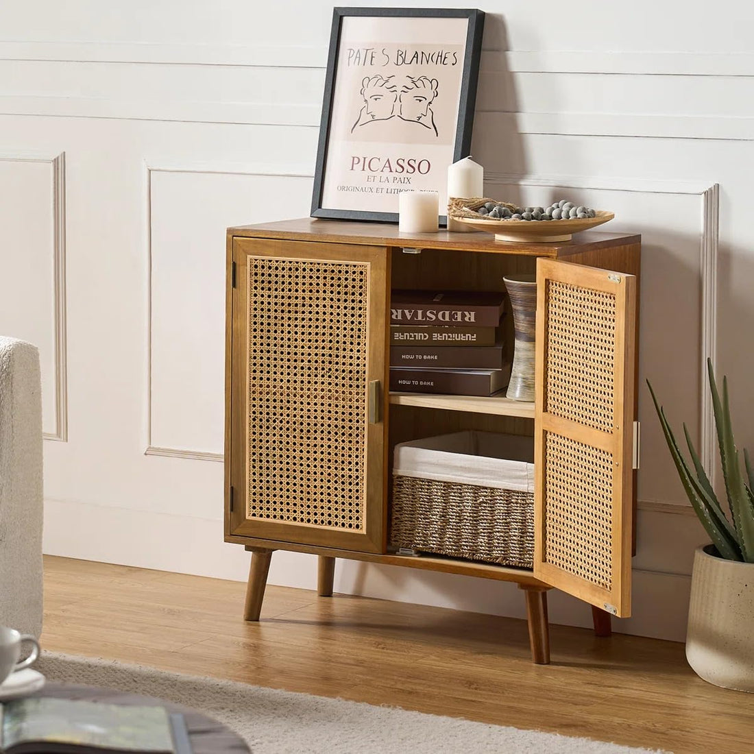 Solid Mango Wood Rattan Sideboard Cabinet for Living Room | Wooden Cane Crockery Unit for Kitchen Living Room (Natural c1)