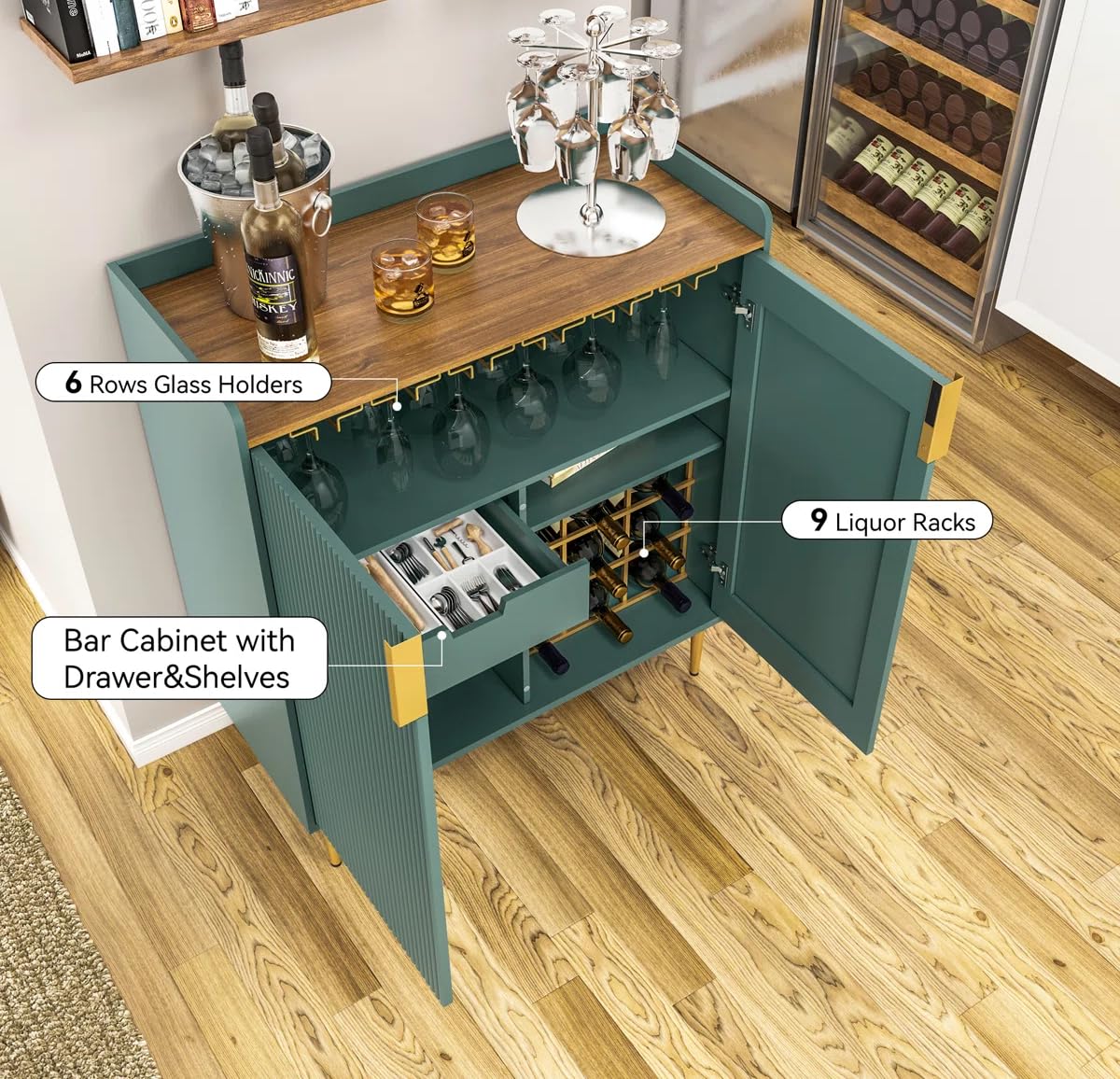 THE WOODEN CITY Solid Wood Wine Cabinet | Wooden Bar Cabinet Storage Rack with Drawer & Glass Holder, Wooden for Home and Bar Furniture (Green)
