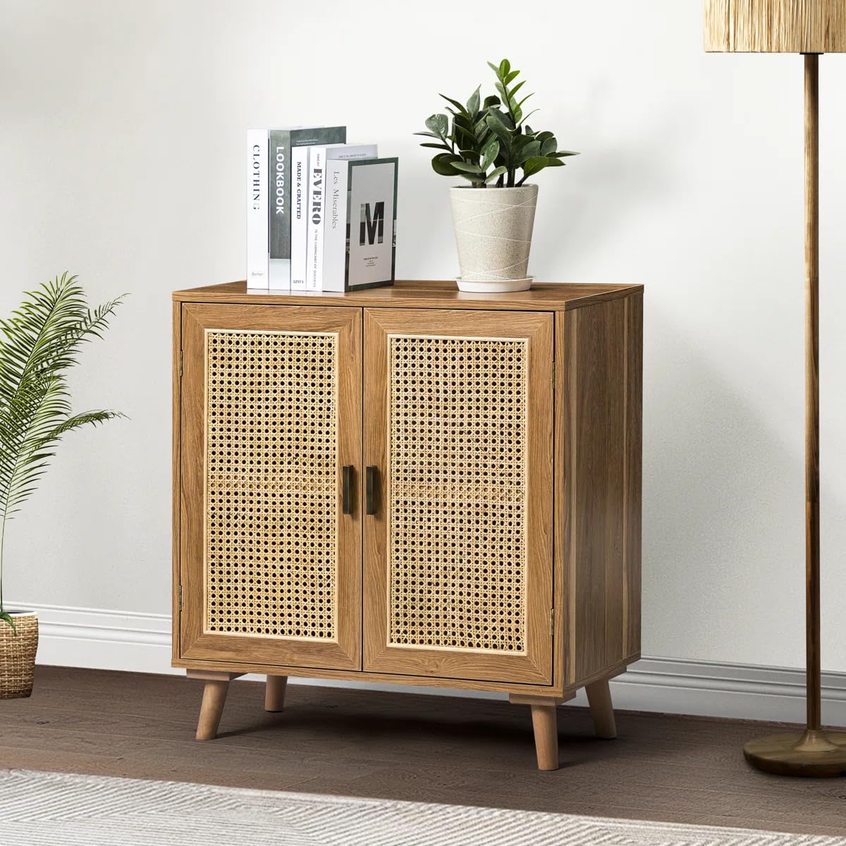 Solid Mango Wood Rattan Sideboard Cabinet for Living Room | Wooden Cane Crockery Unit for Kitchen Living Room (Natural c1)