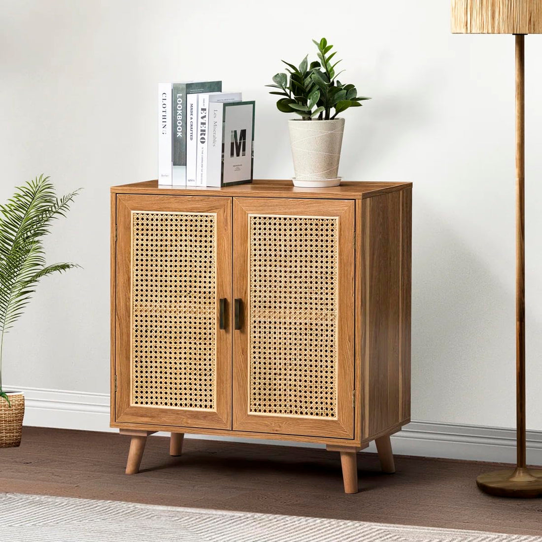 Solid Mango Wood Rattan Sideboard Cabinet for Living Room | Wooden Cane Crockery Unit for Kitchen Living Room (Natural c1)