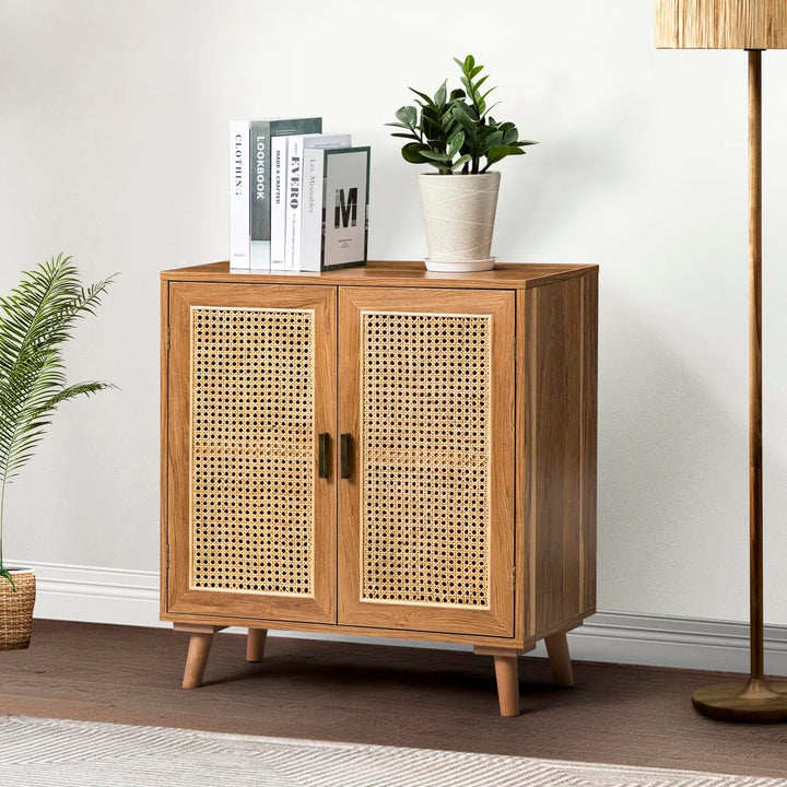 Solid Mango Wood Rattan Sideboard Cabinet for Living Room | Wooden Cane Crockery Unit for Kitchen Living Room (Natural c1)