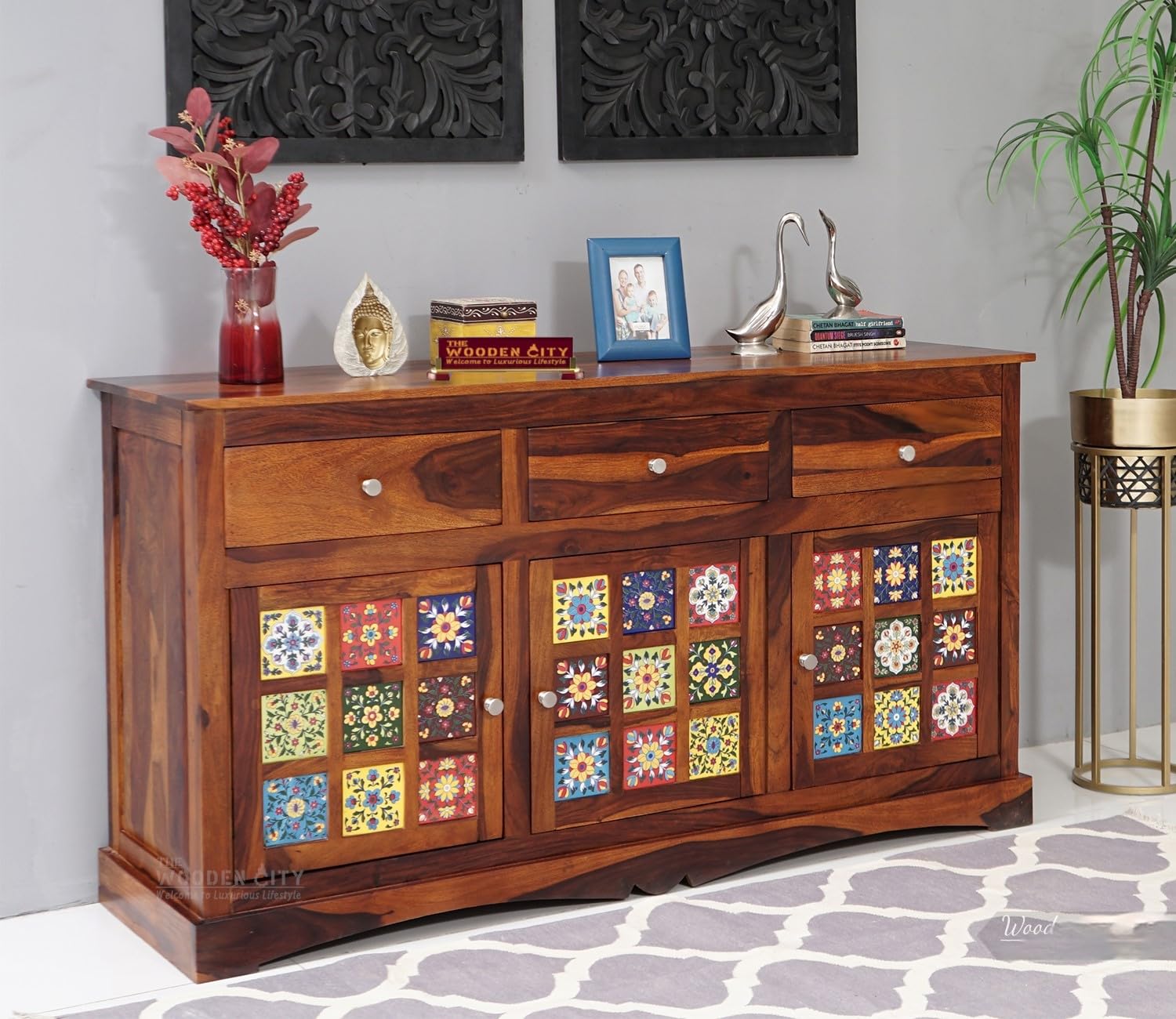 THE WOODEN CITY Solid Sheesham Wood Sideboard Tv Cabinet for Living Room | Free Standing Movable Tv Unit Side Board Table with Drawer Storage Furniture for Home