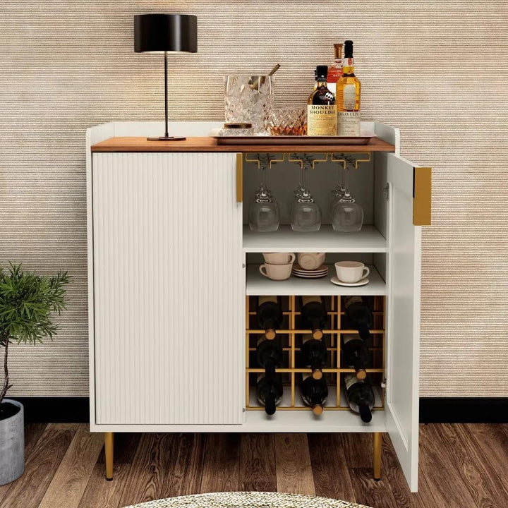 THE WOODEN CITY Solid Wood Wine Cabinet | Wooden Bar Cabinet Storage Rack with Drawer & Glass Holder, Wooden for Home and Bar Furniture (White)