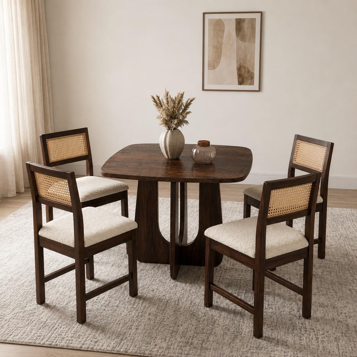 Arden Square 4 Seater Solid Sheesham Wood & Cane Dinner Set Table with Chair |Wooden Dining Table Set with Chairs for Dining Room | Living Room | Home & Office -Walnut2