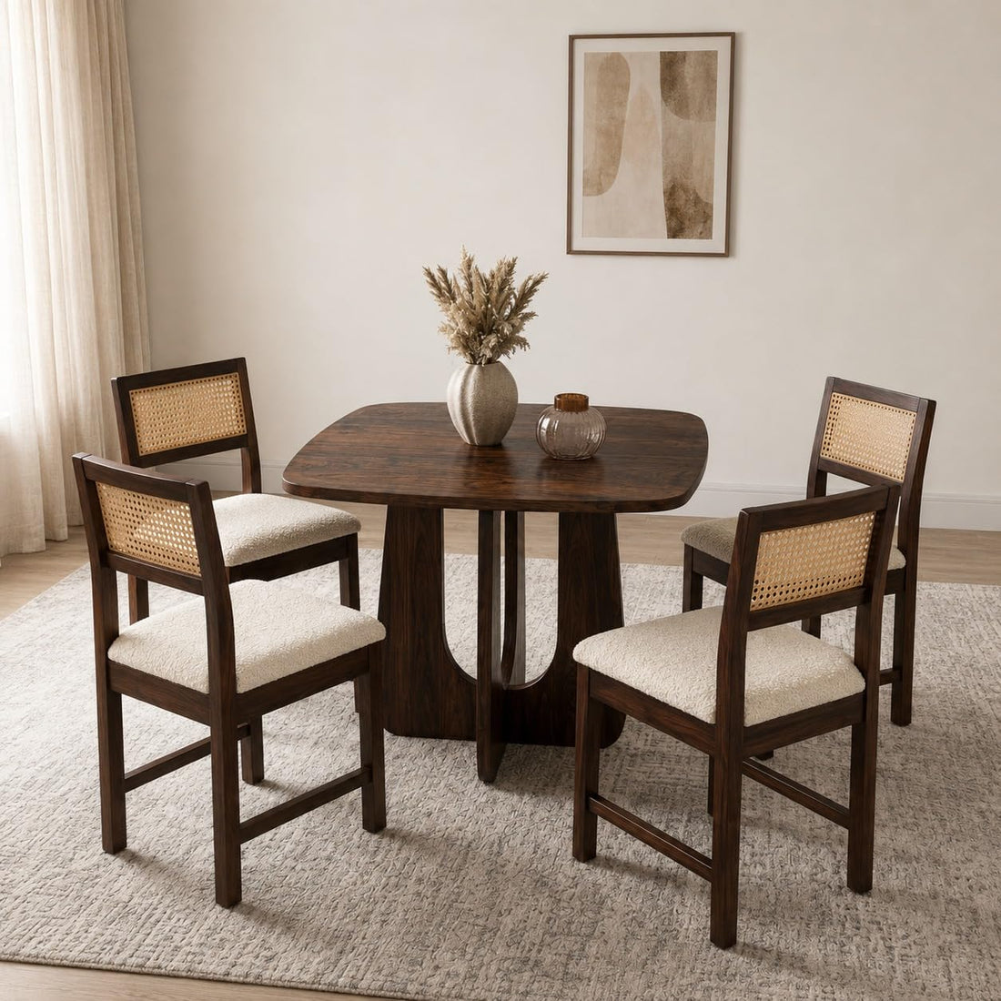 Arden Square 4 Seater Solid Sheesham Wood & Cane Dinner Set Table with Chair |Wooden Dining Table Set with Chairs for Dining Room | Living Room | Home & Office -Walnut2