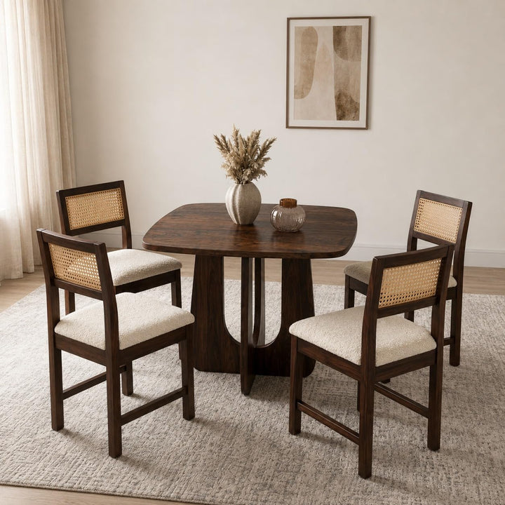 Arden Square 4 Seater Solid Sheesham Wood & Cane Dinner Set Table with Chair |Wooden Dining Table Set with Chairs for Dining Room | Living Room | Home & Office -Walnut2