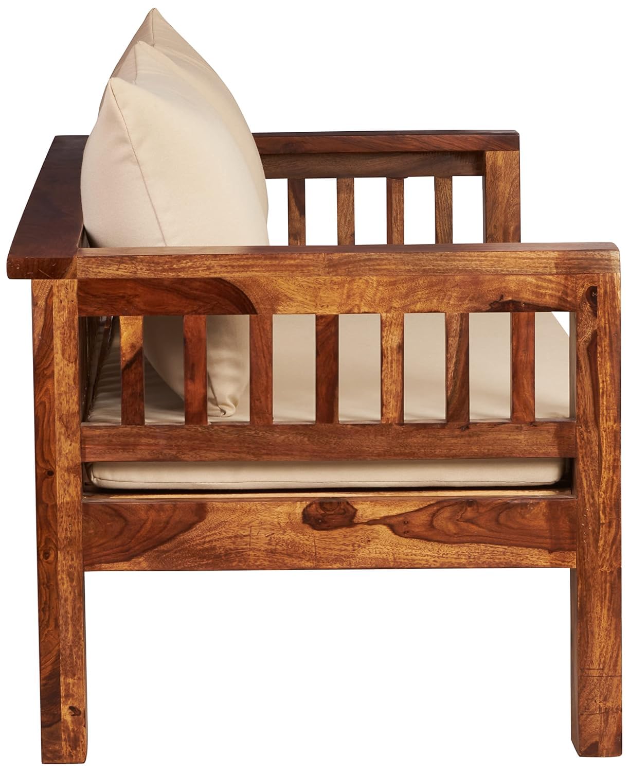 THE WOODEN CITY Solid Sheesham Wood 2-Seater Sofa with Cushions (Natural Finish)