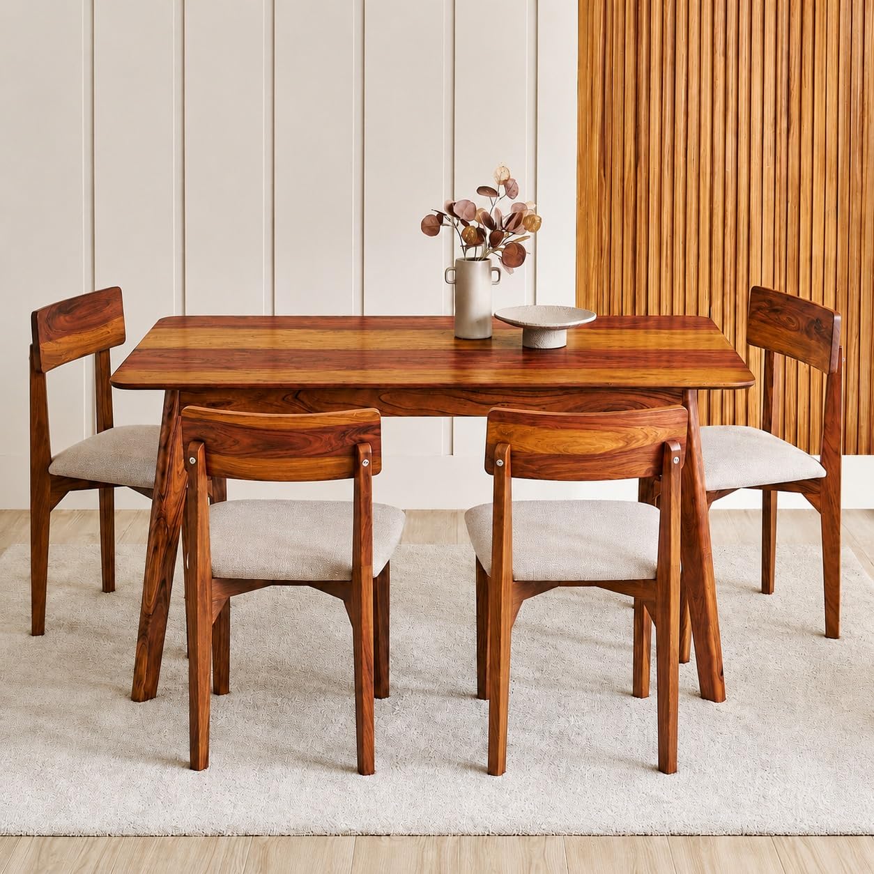 Alexaa Solid Sheesham Wood 4 Seater Dining Set | Wooden Dining Table Set with Cushioned Chairs for Dining Room | Home & Office, Hotels Restaurant (Honey, 4 Seater)