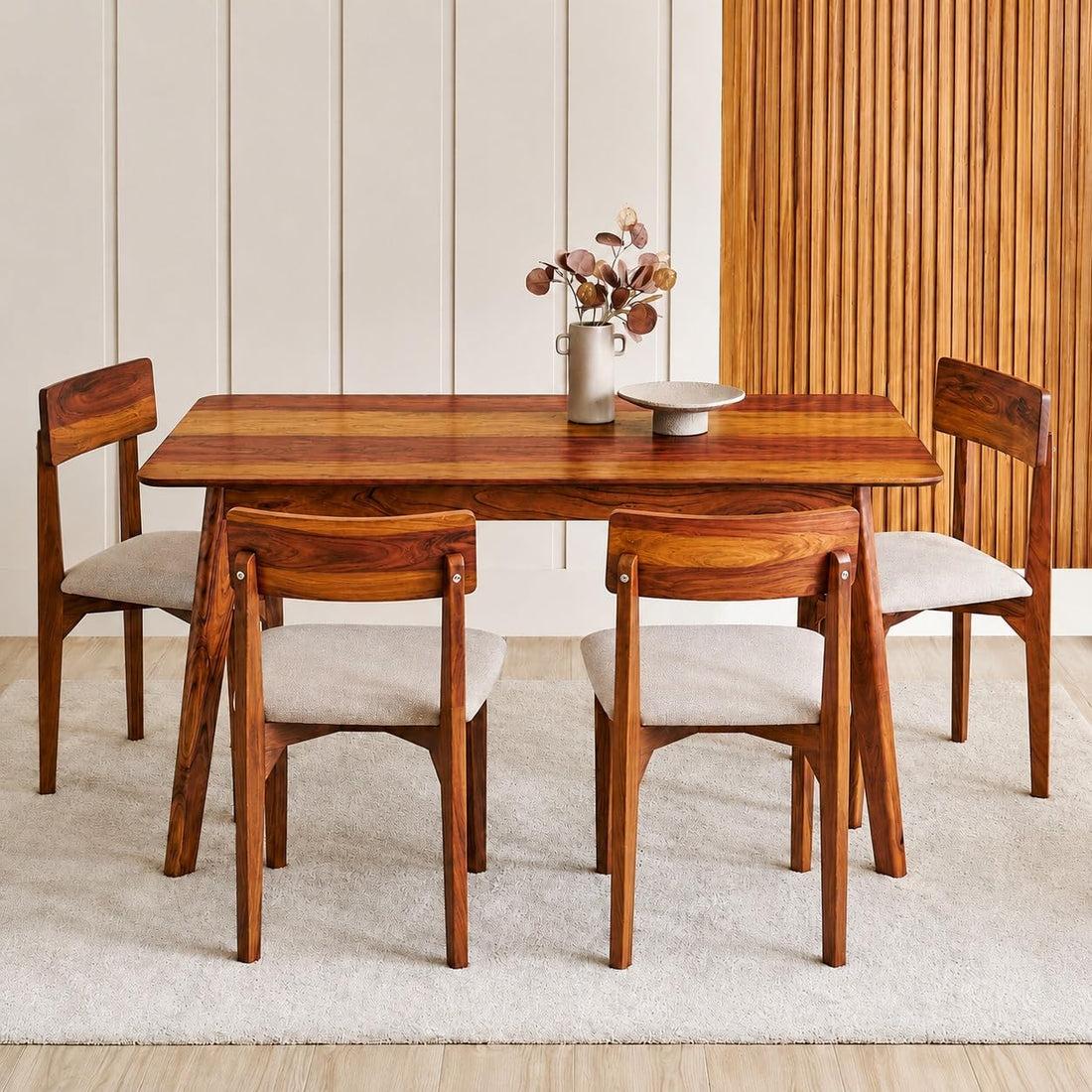 Alexaa Solid Sheesham Wood 4 Seater Dining Set | Wooden Dining Table Set with Cushioned Chairs for Dining Room | Home & Office, Hotels Restaurant (Honey, 4 Seater)