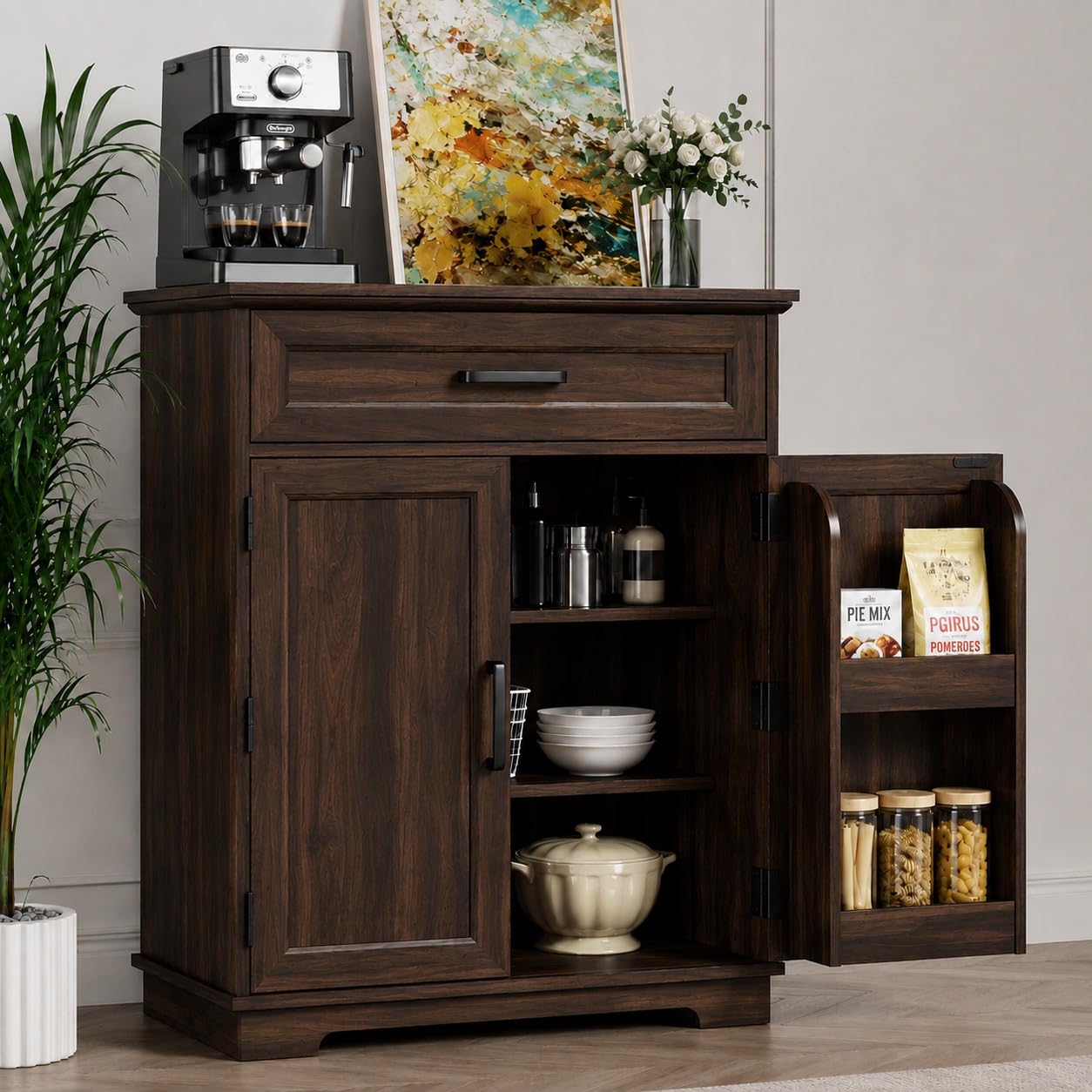 Bar Cabinet, Multipurpose Storage Cabinet for Home & Bar and Living Room Storage, Classy Sideboard- Walnut Finish