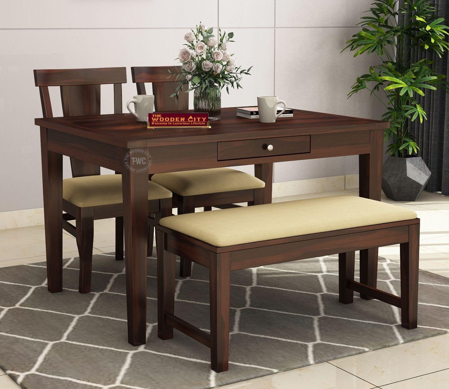 THE WOODEN CITY®️ Solid Sheesham Wood Dining Table 4 Seater Set with 2 Chairs & 1 Bench & Drawer Storage Dinner Table Set