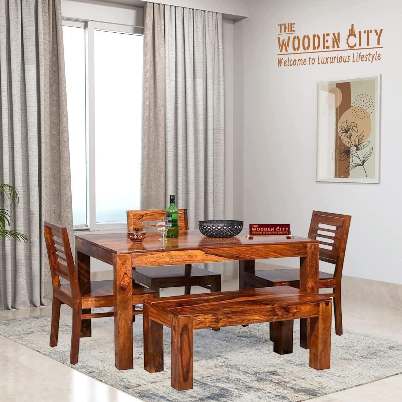 THE WOODEN CITY Solid Sheesham Wood Dining Table 4 Seater Dining Table Set with 3 Chairs & 1 Bench Dinner Table Set for Dinning Room