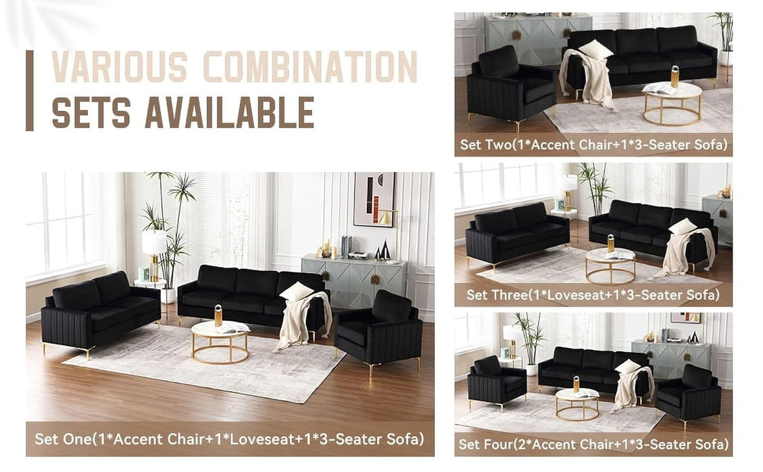 THE WOODEN CITY Monto Velvet Fabric Sofa En 5- to 6-Person Sofa 3+1+1 Sofa Set (Black) (Black, 3+1+1)