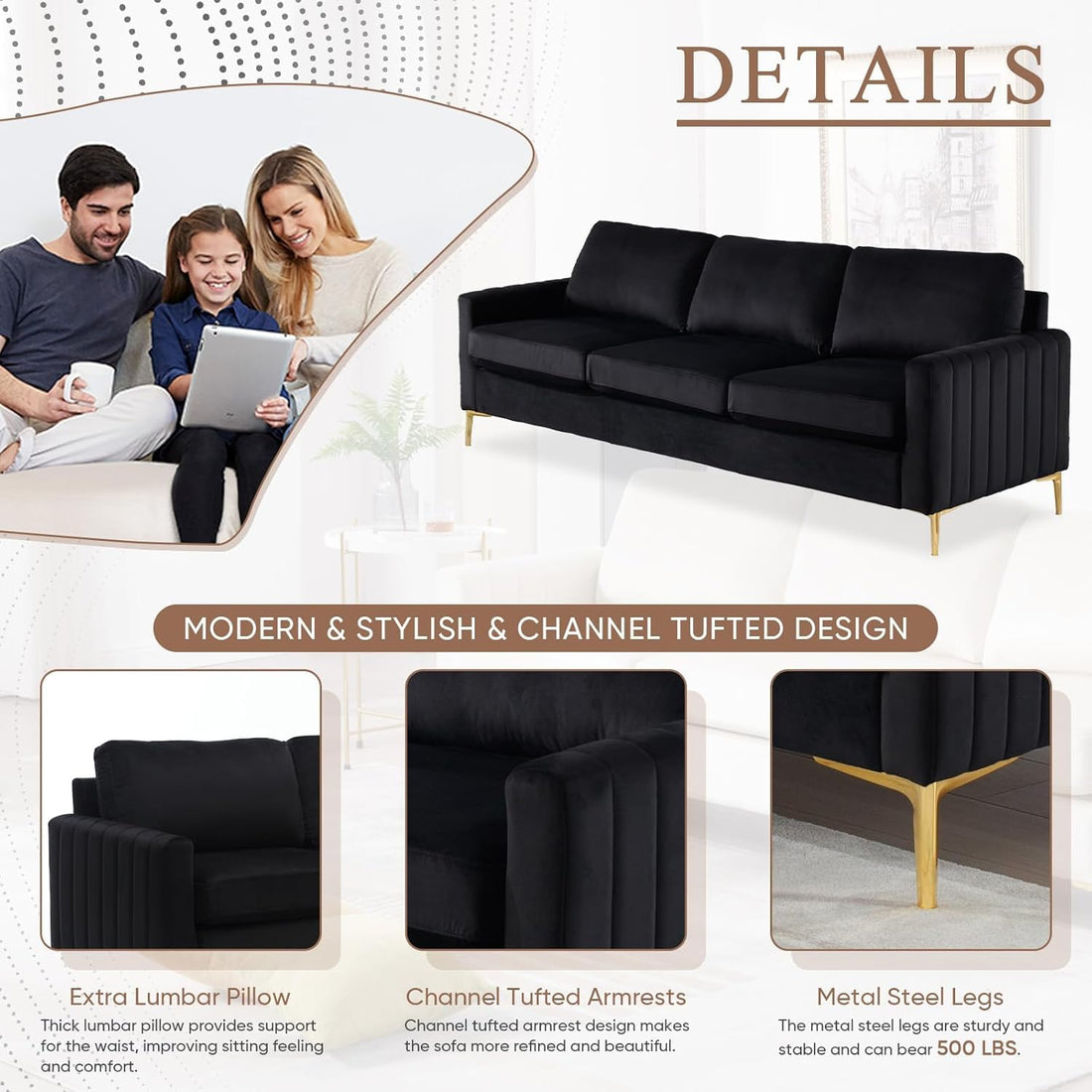 THE WOODEN CITY Monto Velvet Fabric Sofa | 3 Person Sofa | Sofa 3 Seater Sofa Set (Black) (Black, 3 Seater)